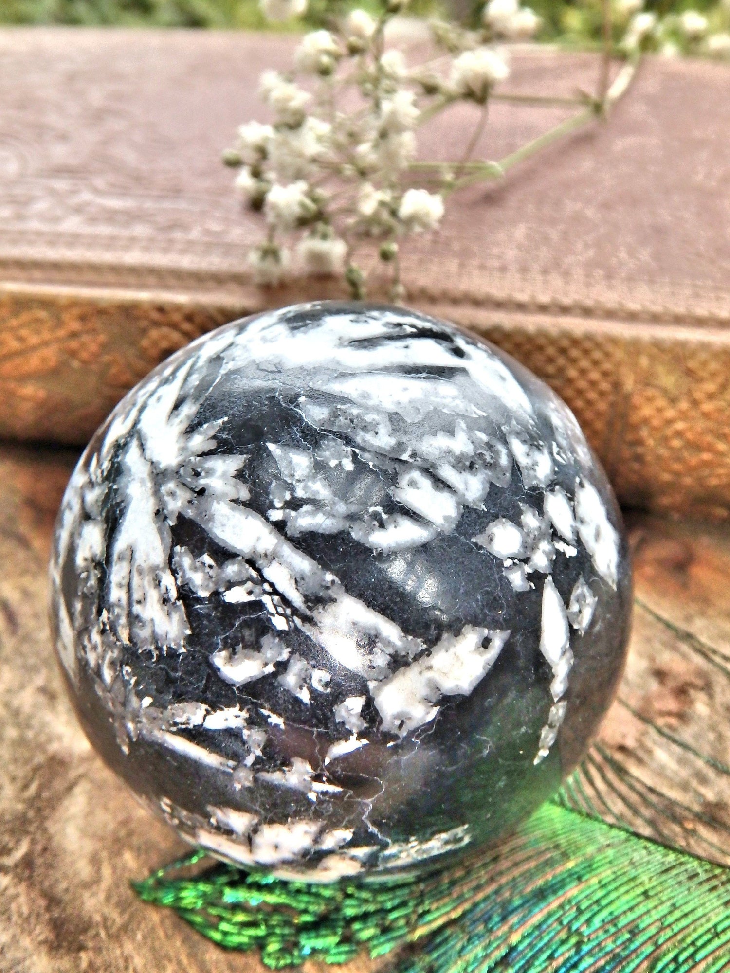  Creamy White Patterns Chrysanthemum Stone Sphere Carving1