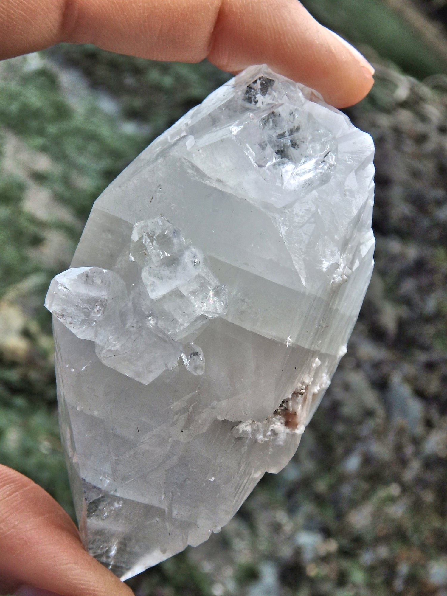 Lovely Clear Apophyllite Point With Babies & Green Inclusions - Earth Family Crystals
