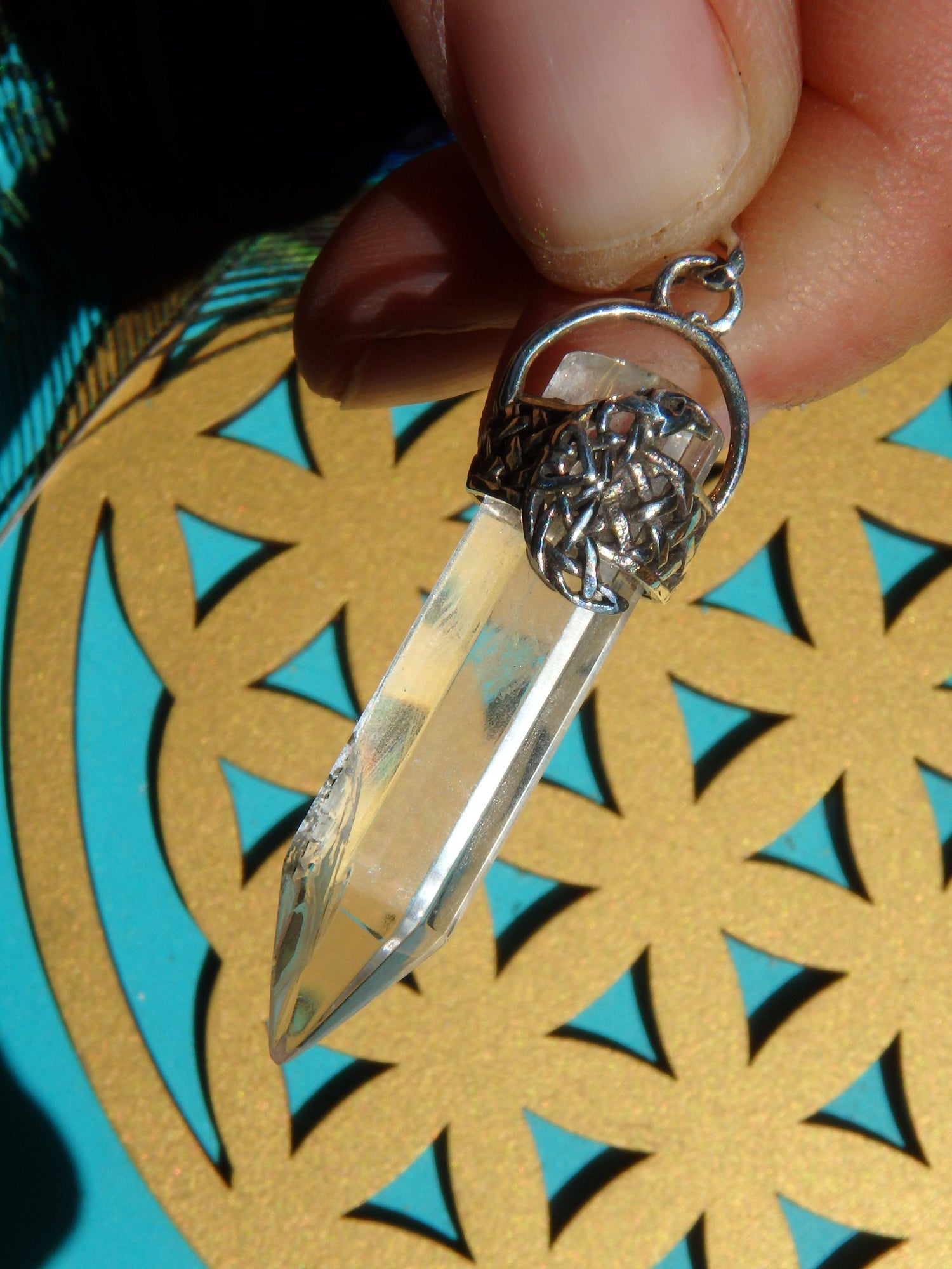  Crescent Moon & Clear Quartz Pendant in Sterling Silver REDUCED (Includes Silver Chain)