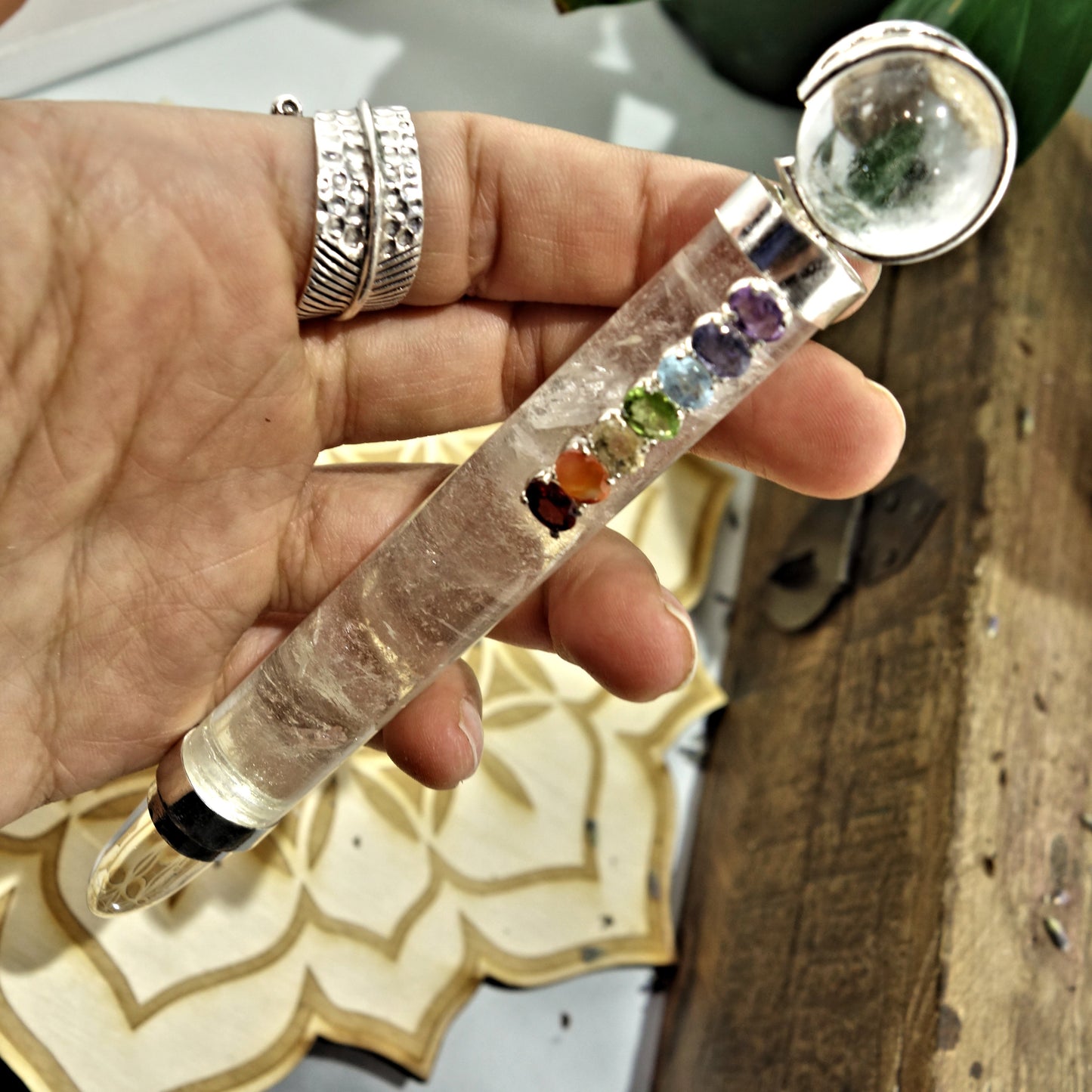 Gorgeous Faceted Chakra Gemstones On Clear Quartz Healing Wand - Earth Family Crystals
