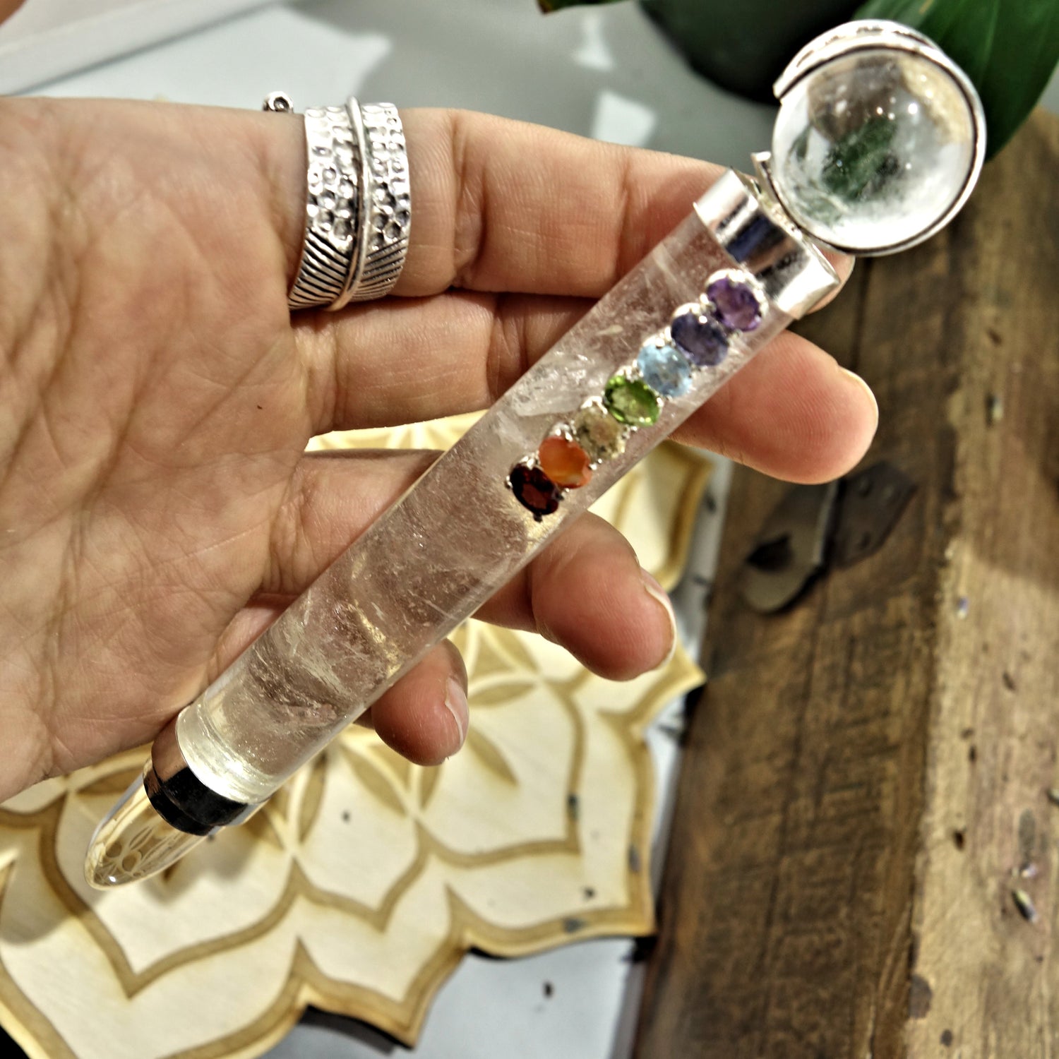 Gorgeous Faceted Chakra Gemstones On Clear Quartz Healing Wand - Earth Family Crystals