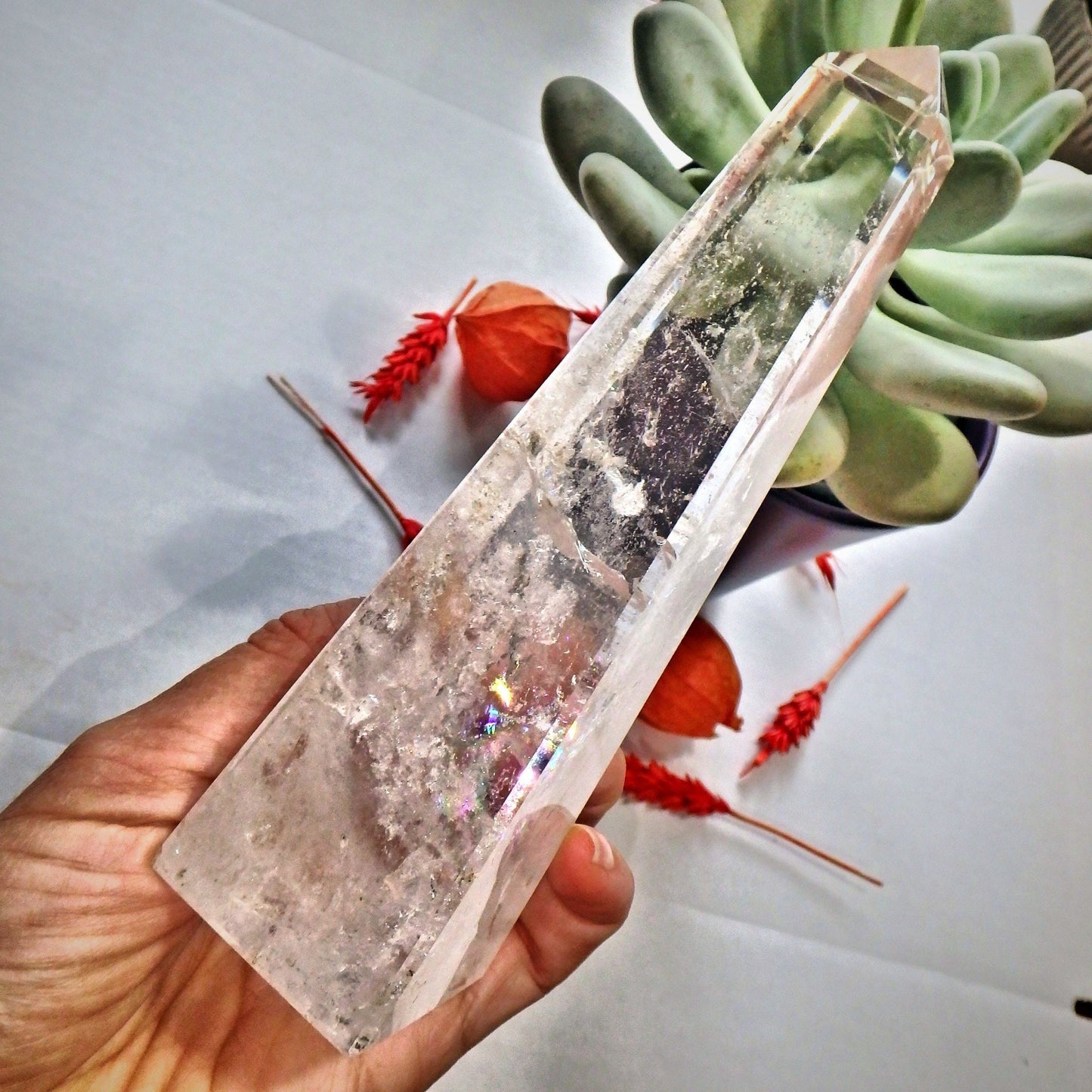  Dancing Rainbows Tall Clear Quartz Standing Obelisk Display Specimen