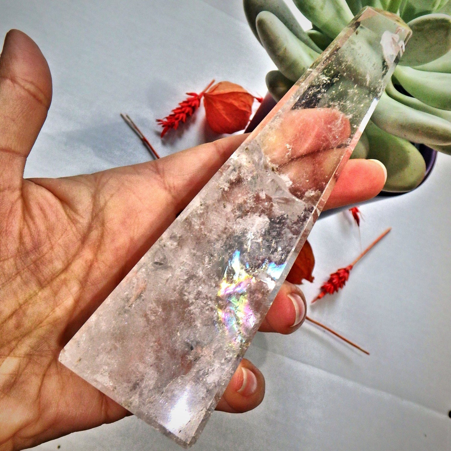  Dancing Rainbows Tall Clear Quartz Standing Obelisk Display Specimen