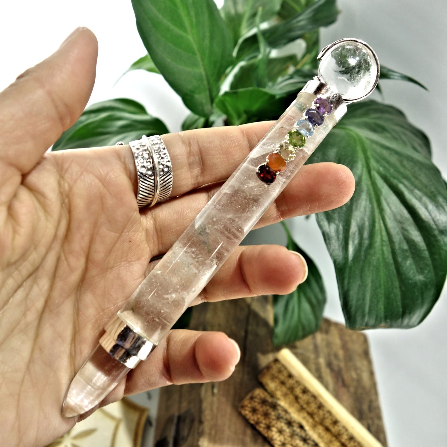 Gorgeous Faceted Chakra Gemstones On Clear Quartz Healing Wand - Earth Family Crystals