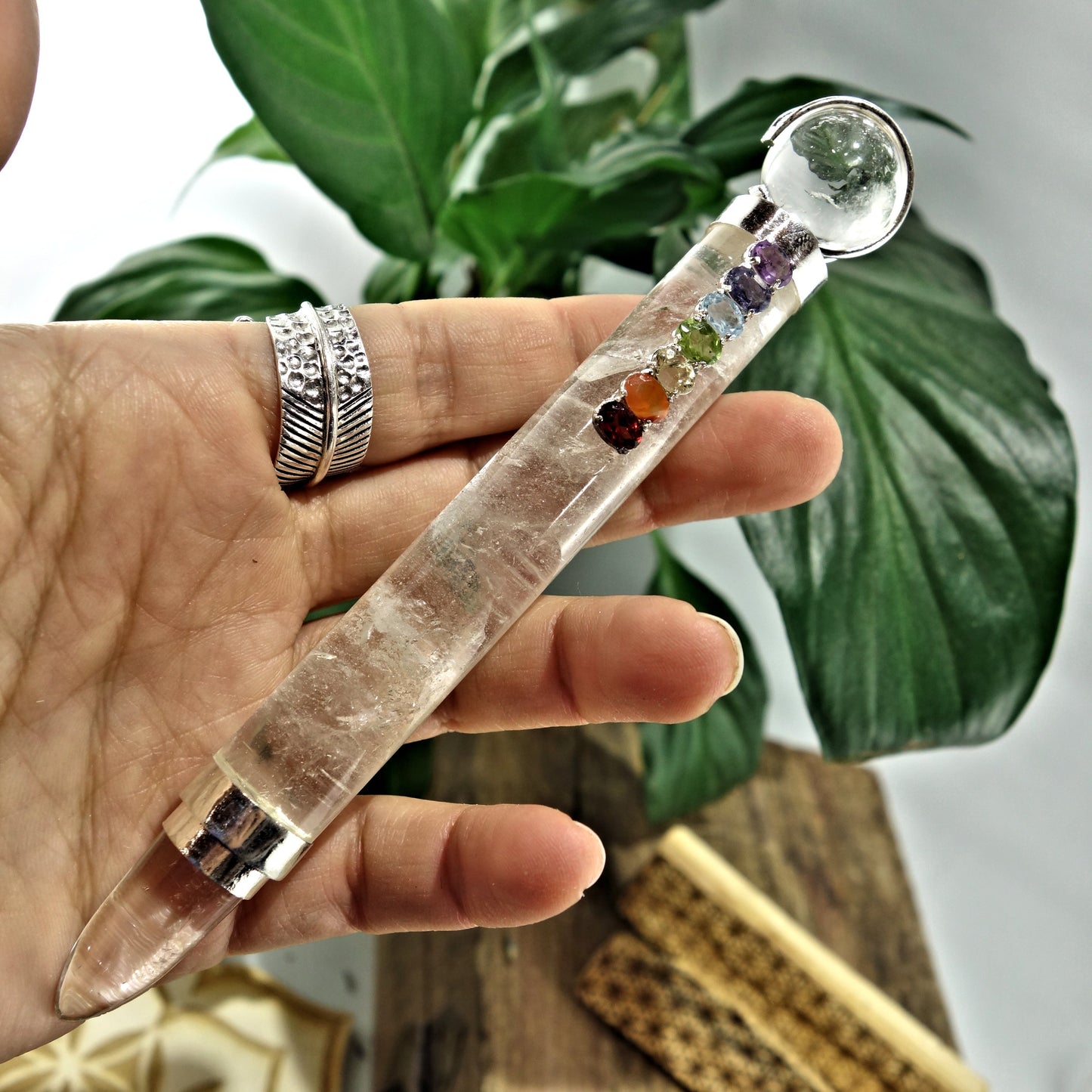 Gorgeous Faceted Chakra Gemstones On Clear Quartz Healing Wand - Earth Family Crystals