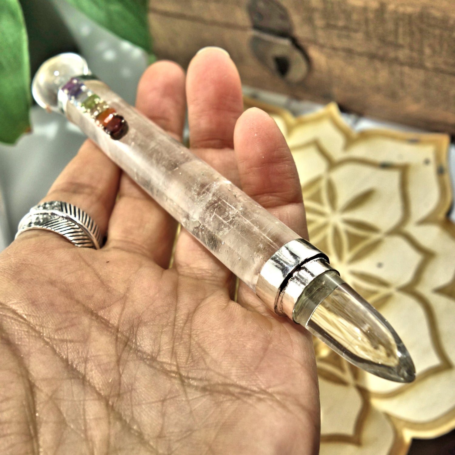 Gorgeous Faceted Chakra Gemstones On Clear Quartz Healing Wand - Earth Family Crystals