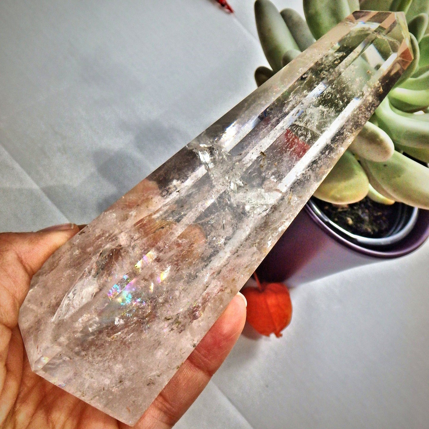  Dancing Rainbows Tall Clear Quartz Standing Obelisk Display Specimen
