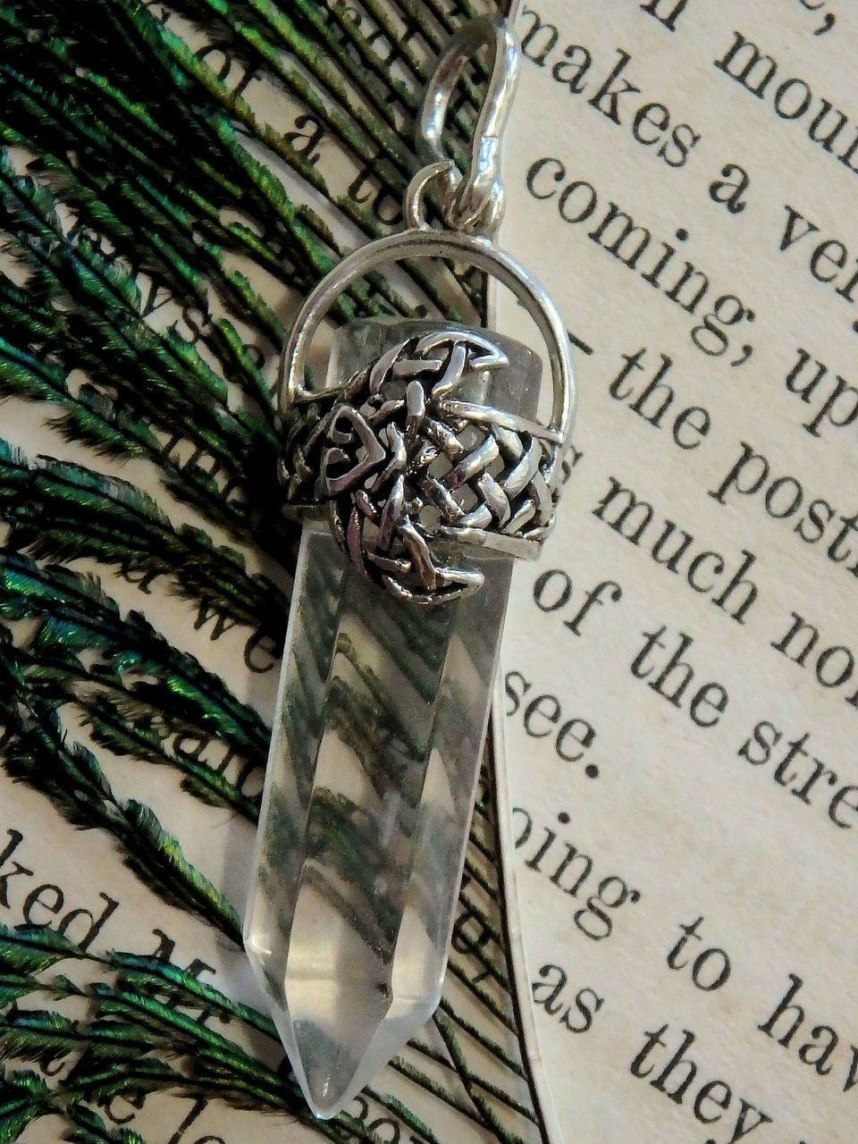  Crescent Moon & Clear Quartz Point Pendant in Sterling Silver (Includes Silver Chain)