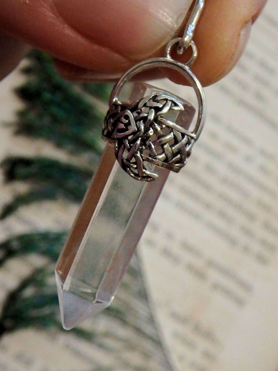  Crescent Moon & Clear Quartz Point Pendant in Sterling Silver (Includes Silver Chain)