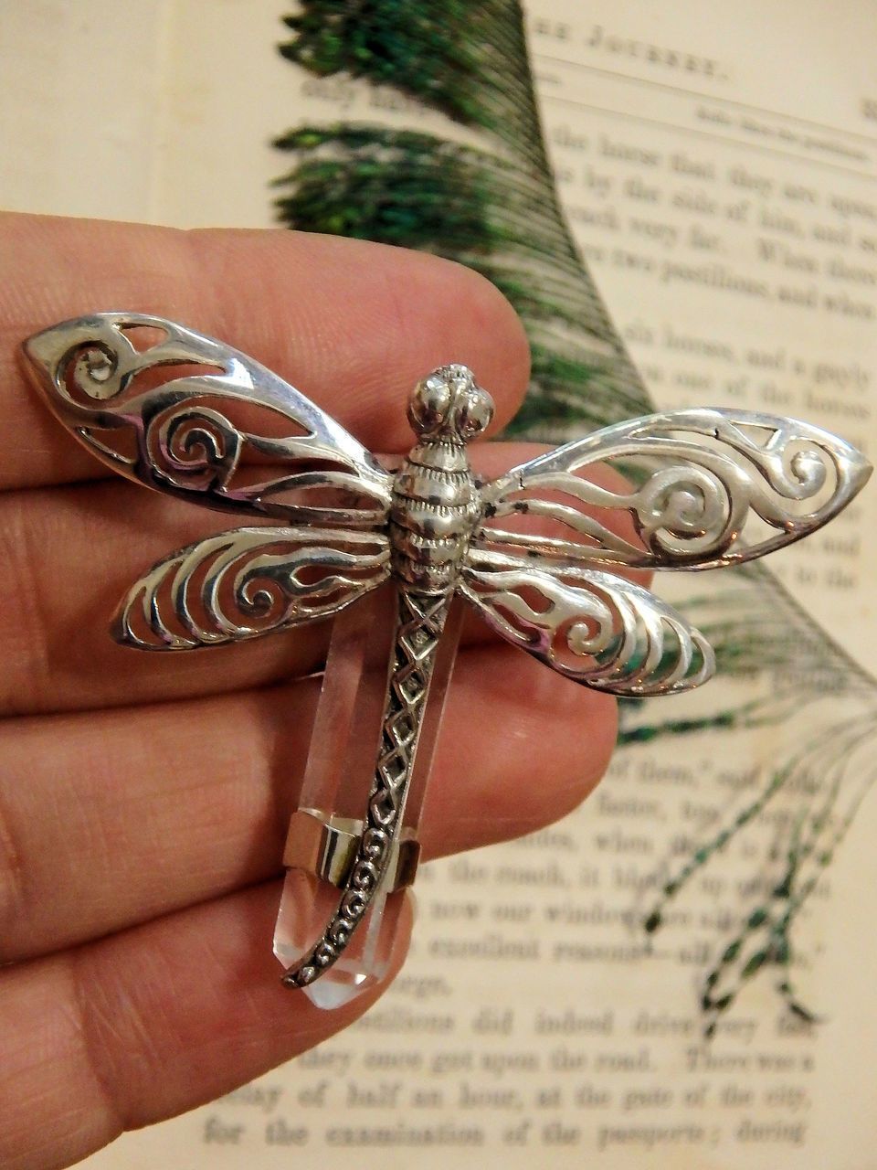 Majestic Dragonfly & Clear Quartz Point Pendant in Sterling Silver (Includes Silver Chain) REDUCED - Earth Family Crystals