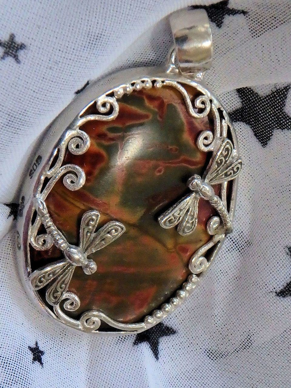  Amazing  Cherry Creek Jasper Double Dragonfly Pendant in Sterling Silver (Includes Silver Chain)
