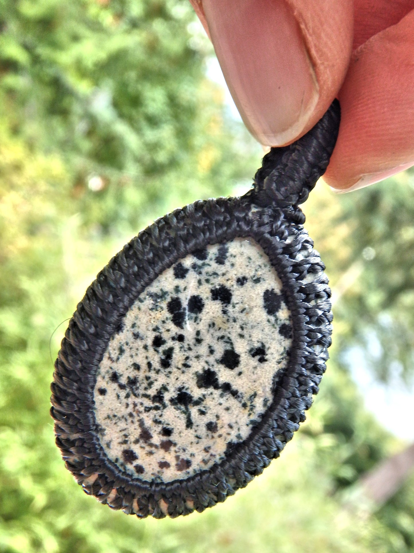 Spotted Dalmatian Jasper  Macrame Wrapped Pendant - Metiz Tier Price