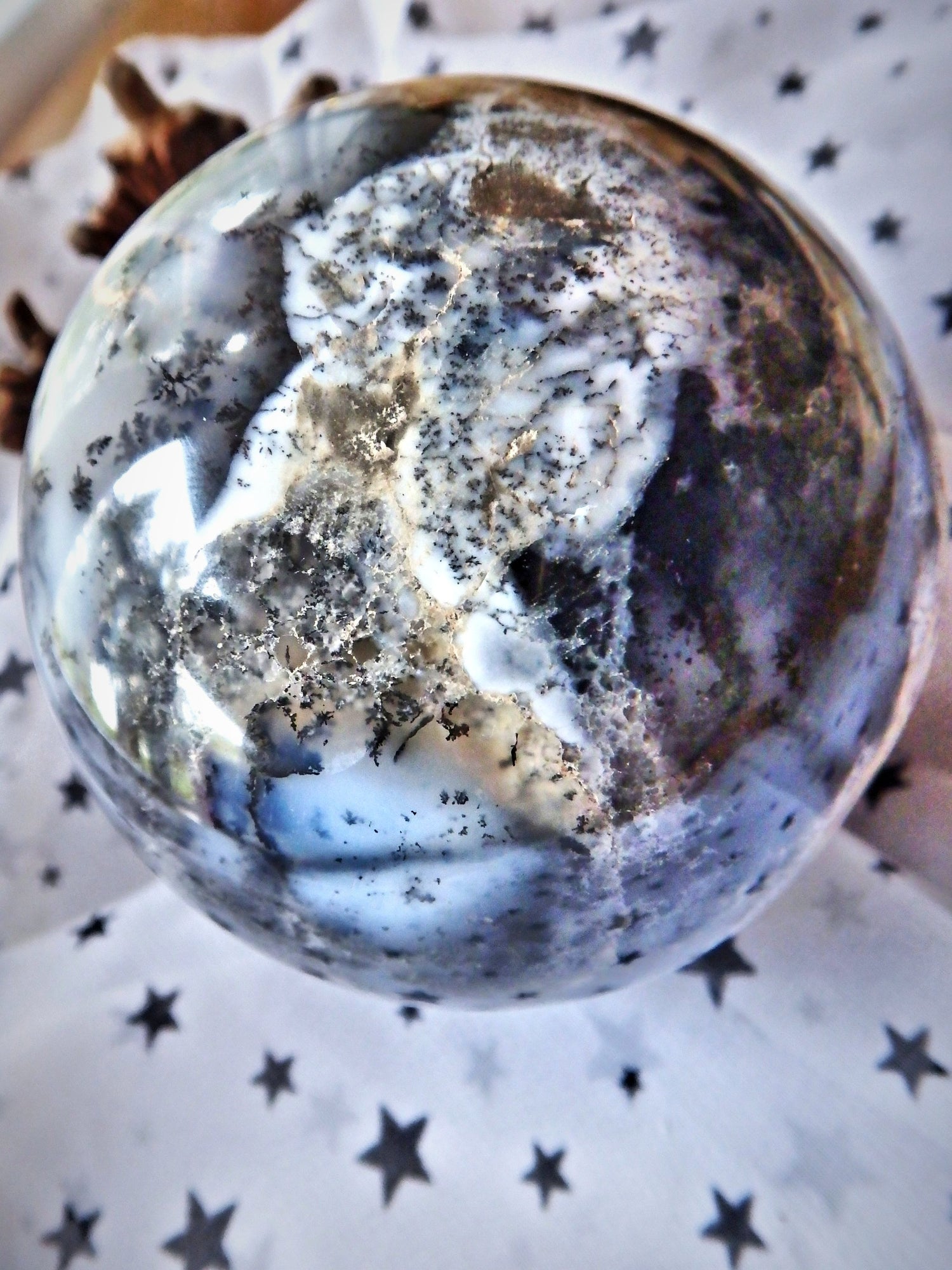 Incredible Creamy White & Black Patterns XL Dendritic Agate Sphere From Turkey - Metiz Tier Price
