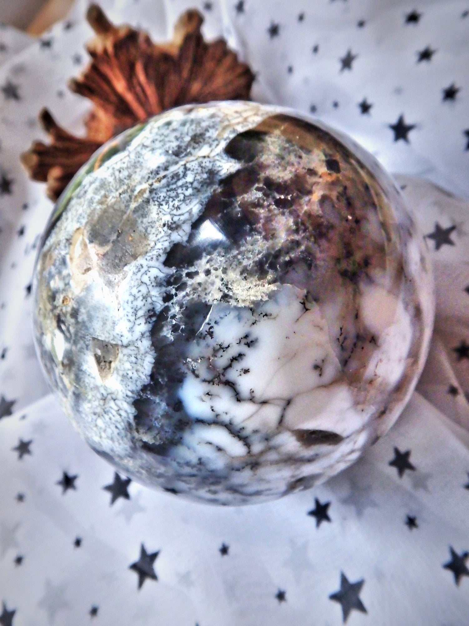Incredible Creamy White & Black Patterns XL Dendritic Agate Sphere From Turkey - Metiz Tier Price
