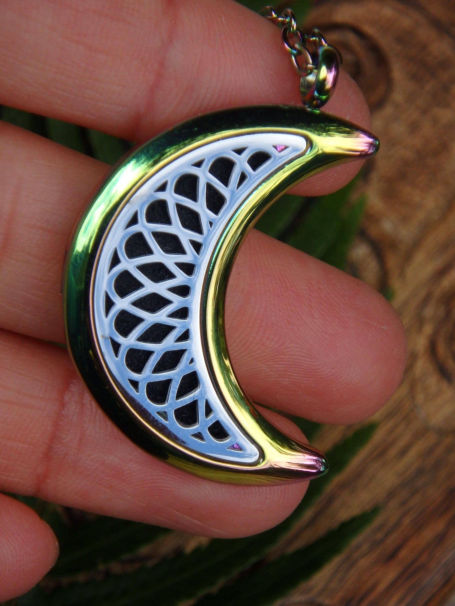 Rainbow Crescent Moon Diffuser Pendant Perfect for Essential Oils in Stainless Steel (Includes Matching 19 Inch Stainless Steel Chain) - Metiz Tier Price