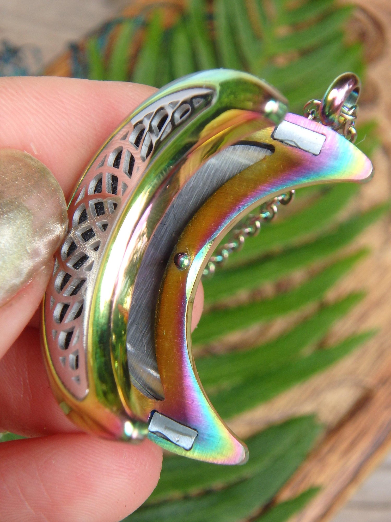 Rainbow Crescent Moon Diffuser Pendant Perfect for Essential Oils in Stainless Steel (Includes Matching 19 Inch Stainless Steel Chain) - Metiz Tier Price