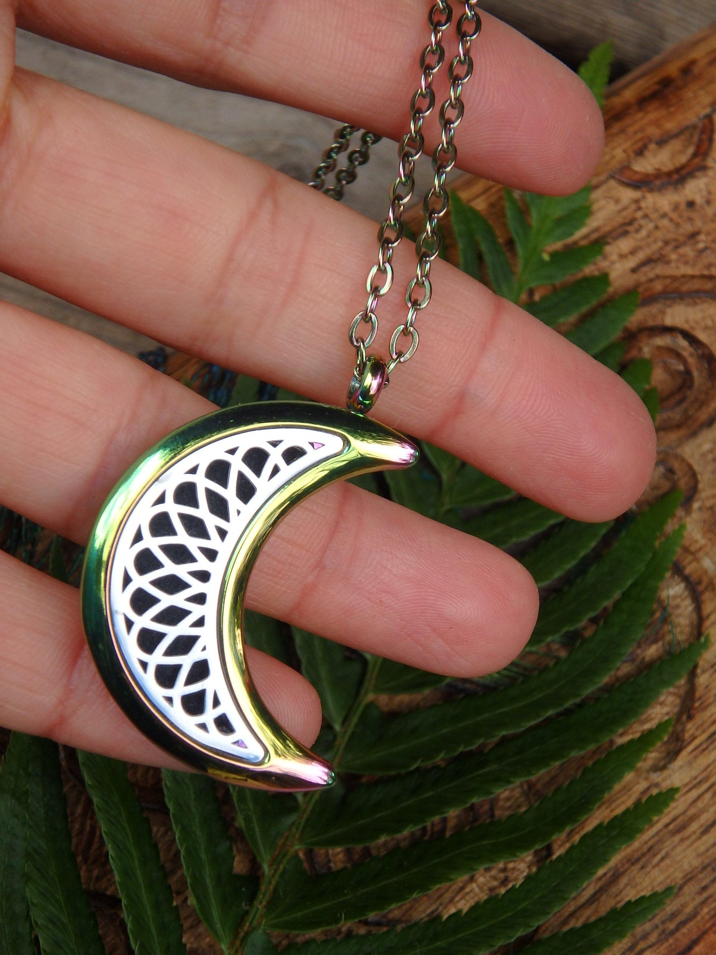 Rainbow Crescent Moon Diffuser Pendant Perfect for Essential Oils in Stainless Steel (Includes Matching 19 Inch Stainless Steel Chain) - Metiz Tier Price