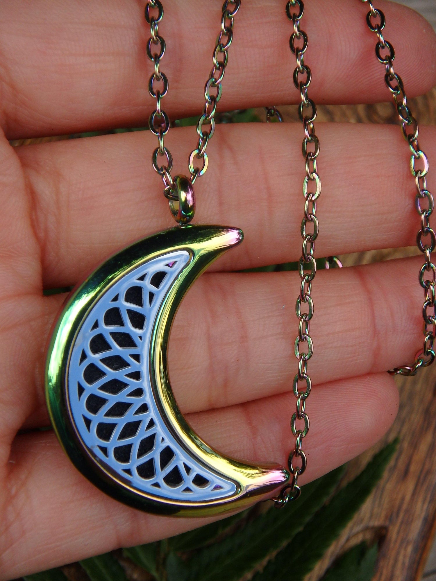 Rainbow Crescent Moon Diffuser Pendant Perfect for Essential Oils in Stainless Steel (Includes Matching 19 Inch Stainless Steel Chain) - Metiz Tier Price