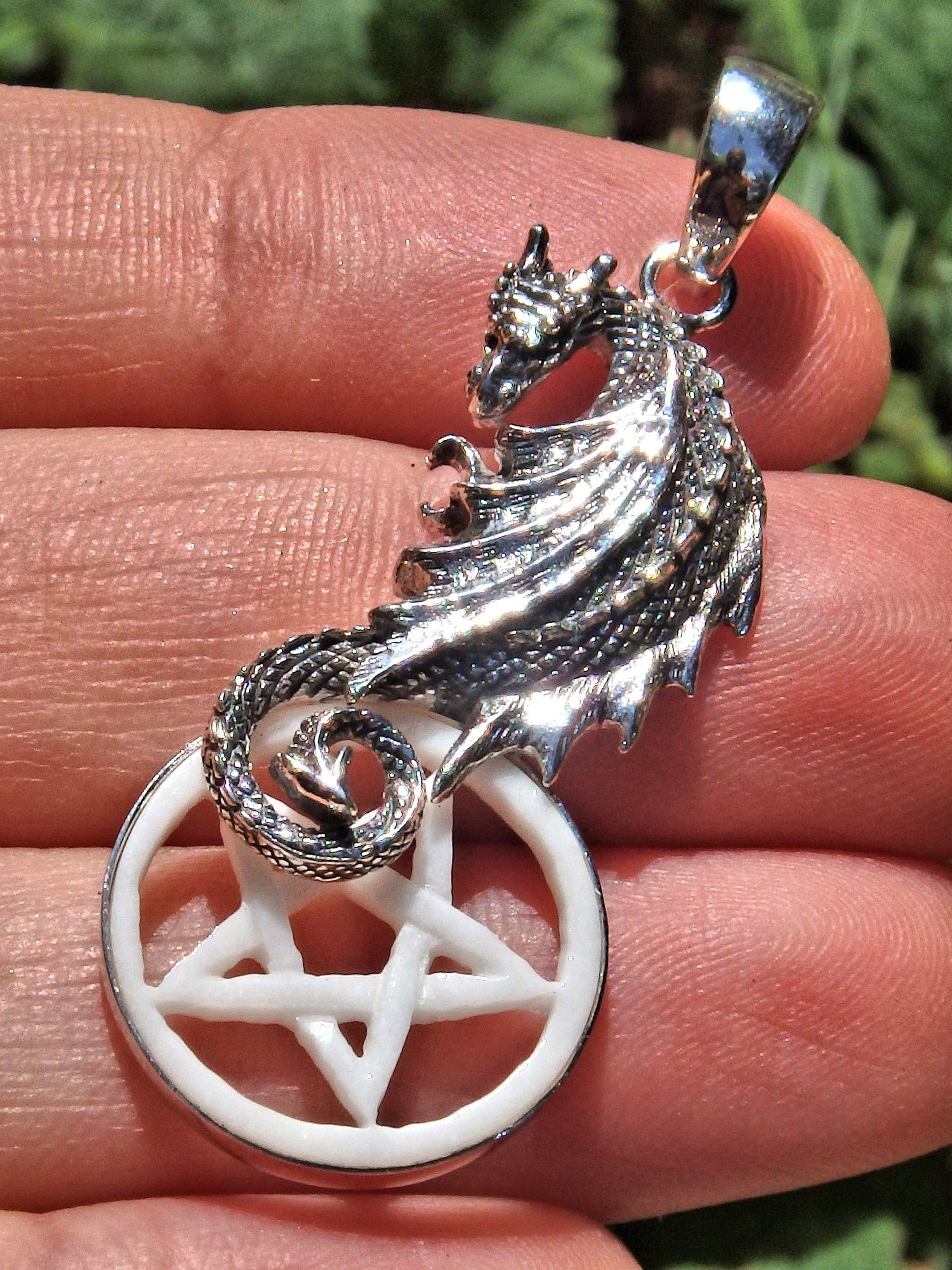 Majestic Dragon & Bone Pentacle Pendant in Sterling Silver (Includes Silver Chain) - Earth Family Crystals