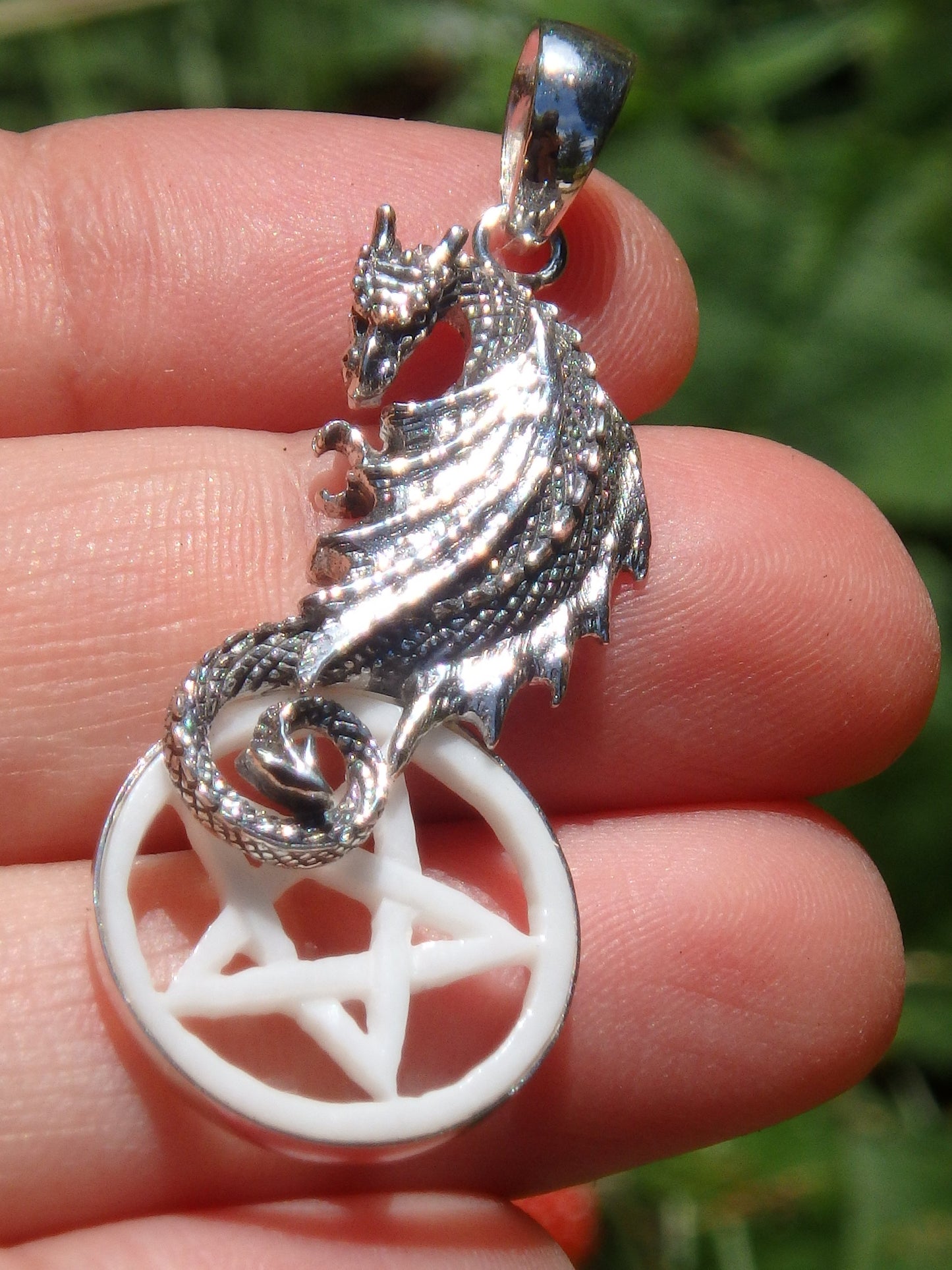 Majestic Dragon & Bone Pentacle Pendant in Sterling Silver (Includes Silver Chain) - Earth Family Crystals