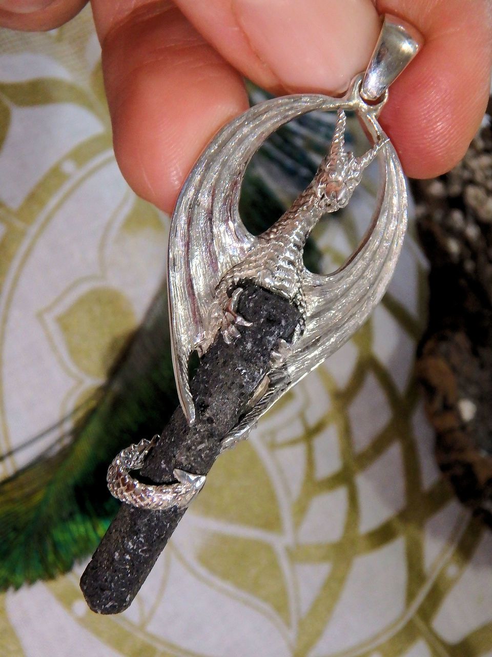 Mystical Dragon & Lava Stone Pendant in Sterling Silver (Includes Silver Chain) - Earth Family Crystals