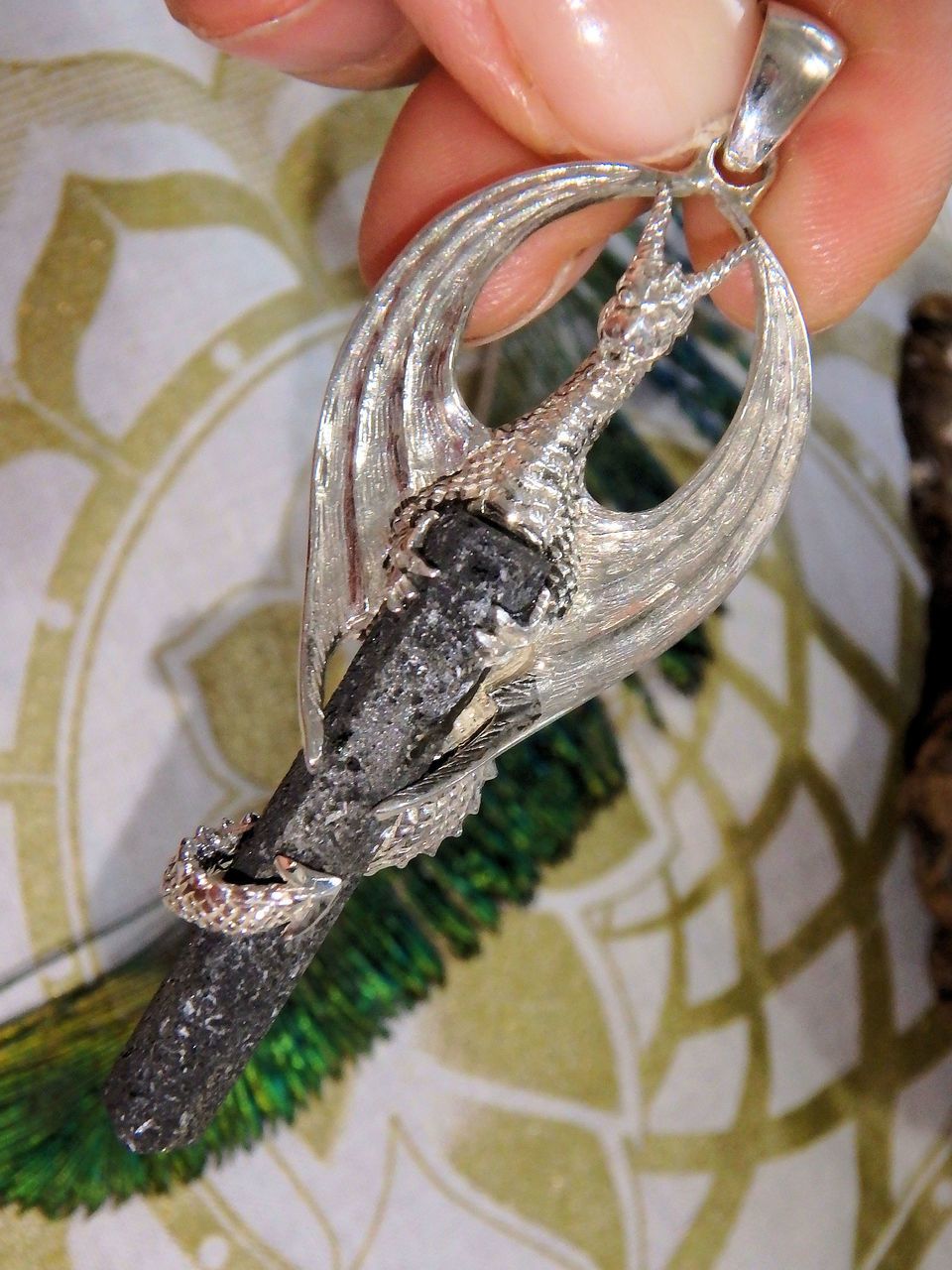 Mystical Dragon & Lava Stone Pendant in Sterling Silver (Includes Silver Chain) - Earth Family Crystals