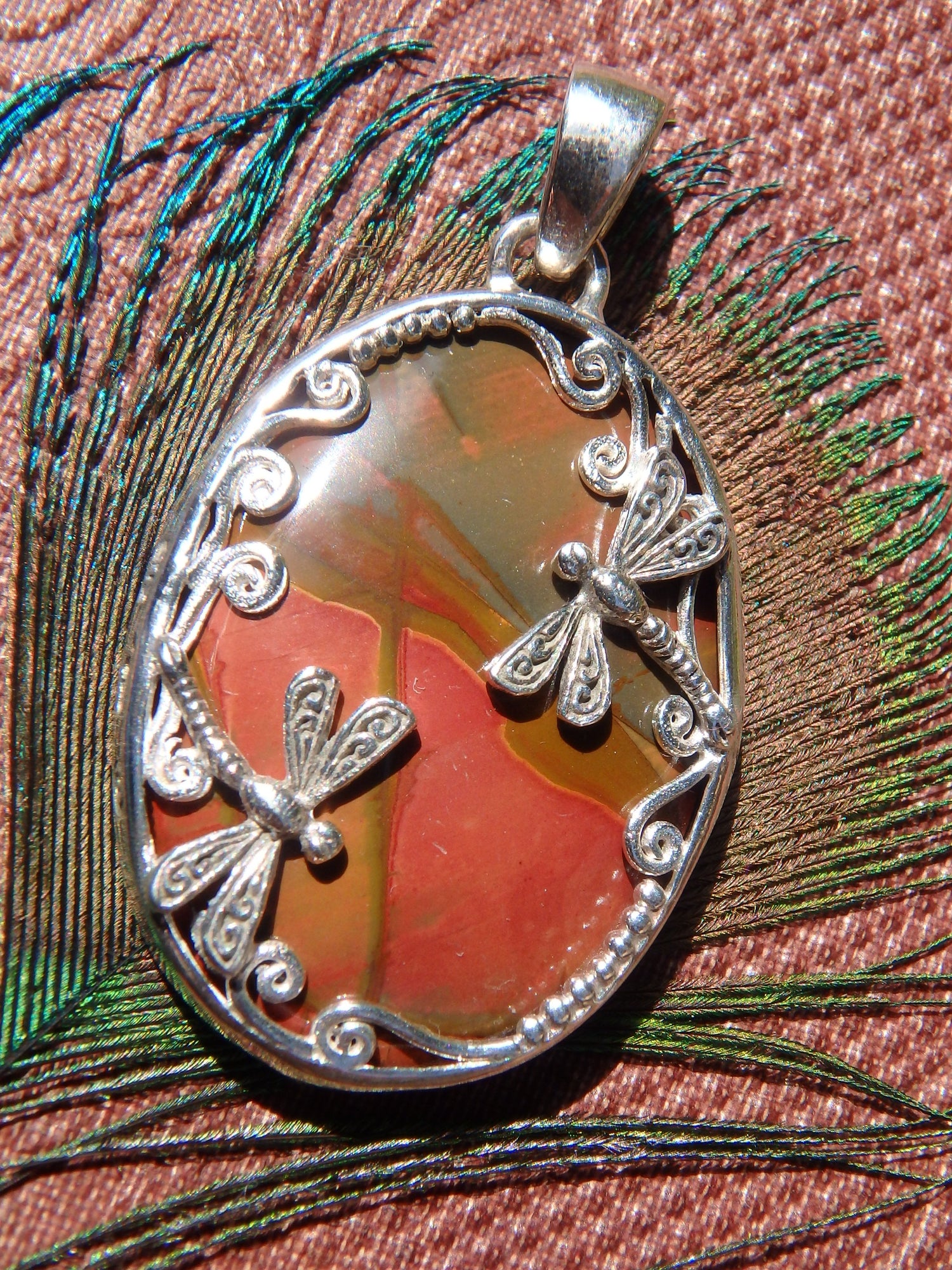 Lovely Cherry Creek Jasper Double Dragonfly Pendant in Sterling Silver (Includes Silver Chain) - Earth Family Crystals