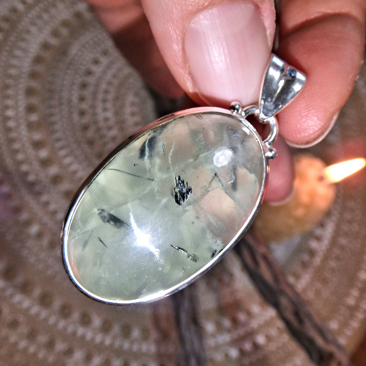 Light Code Prehnite & Epidote Inclusions Pendant Sterling Silver (Includes Silver Chain) - Earth Family Crystals