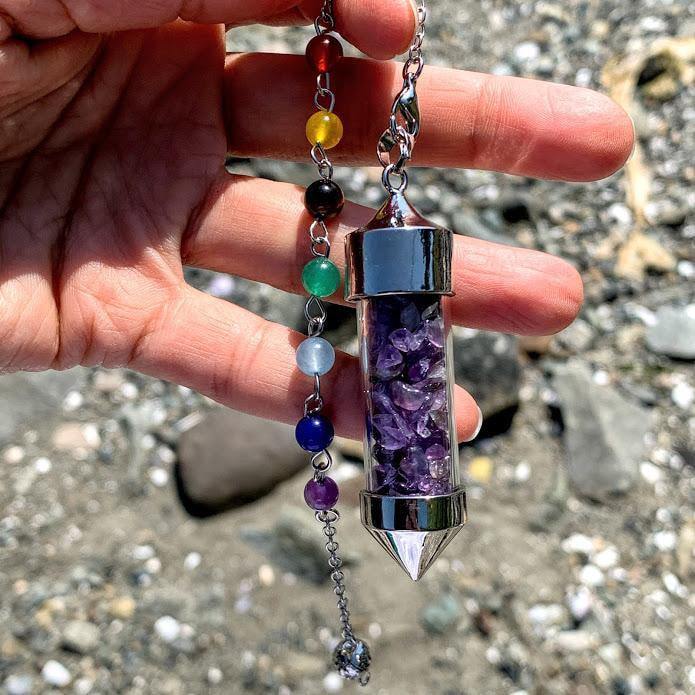  3 in 1 Amethyst Crystal Chips Point Pendulum With Detachable Chakra Bead Chain (Use as a  Pendant, Bracelet & Pendulum)