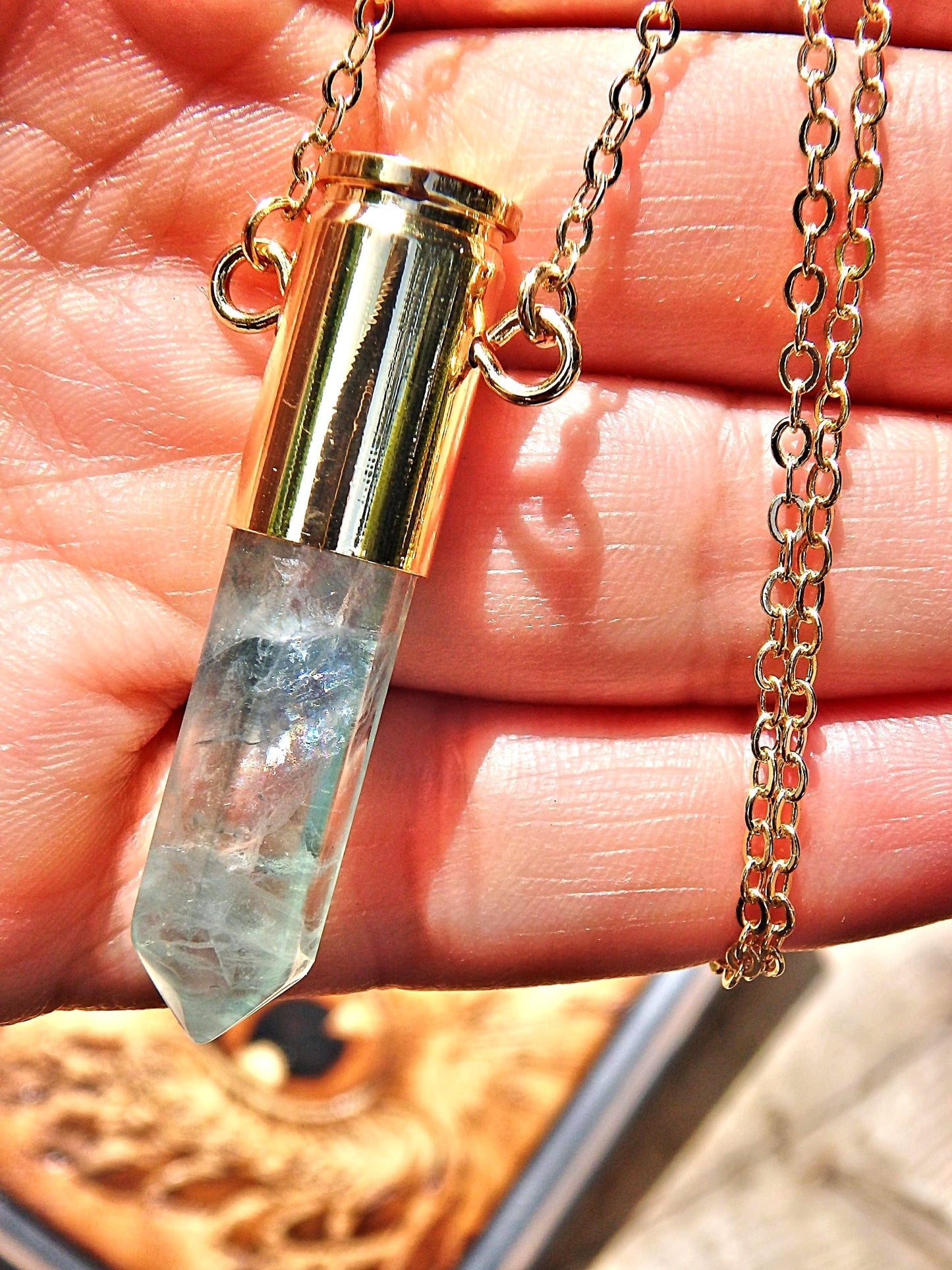 Green Fluorite Bullet Point Necklace on Golden Chain - Earth Family Crystals