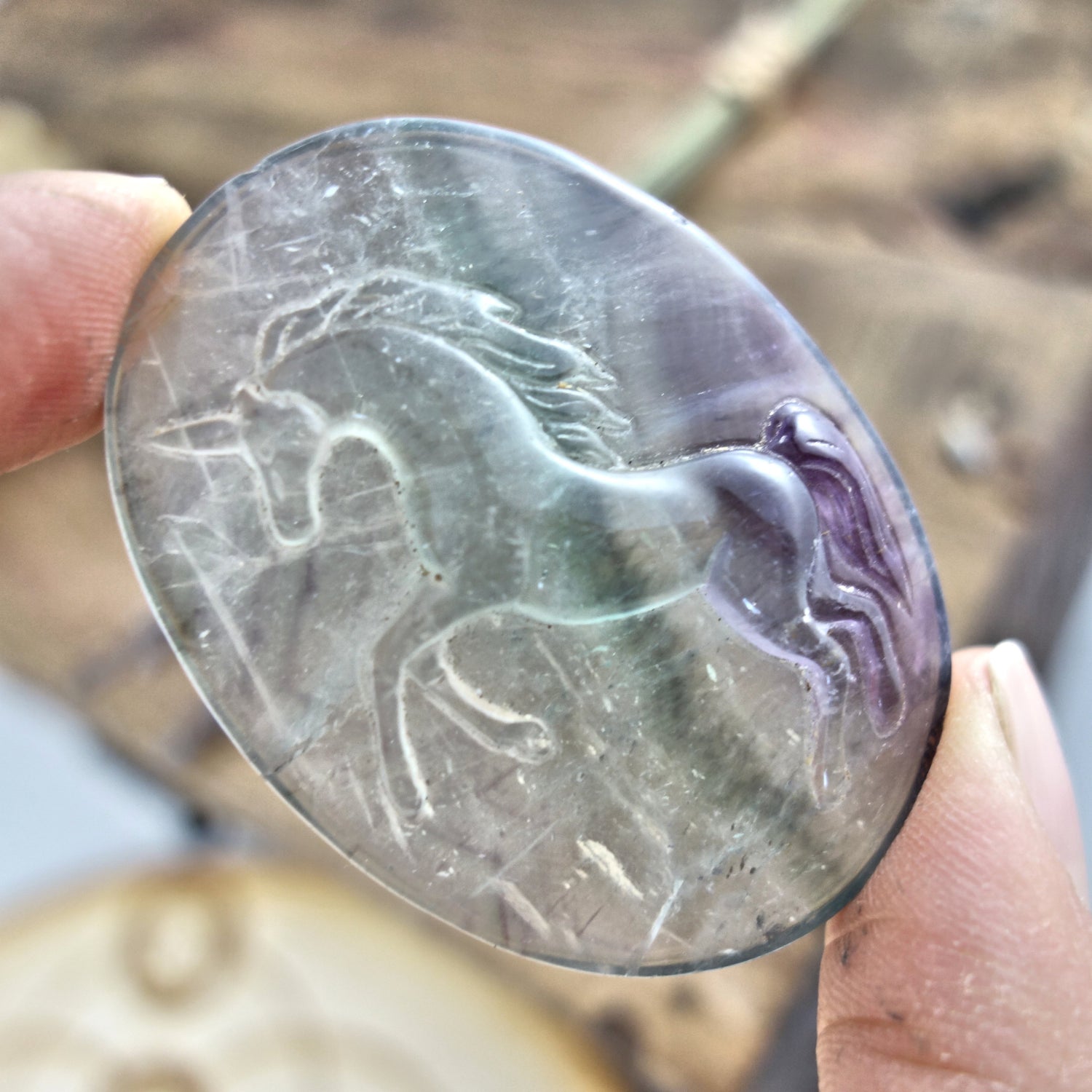 Mystical Unicorn Carved Fluorite Hand Held Specimen - Earth Family Crystals