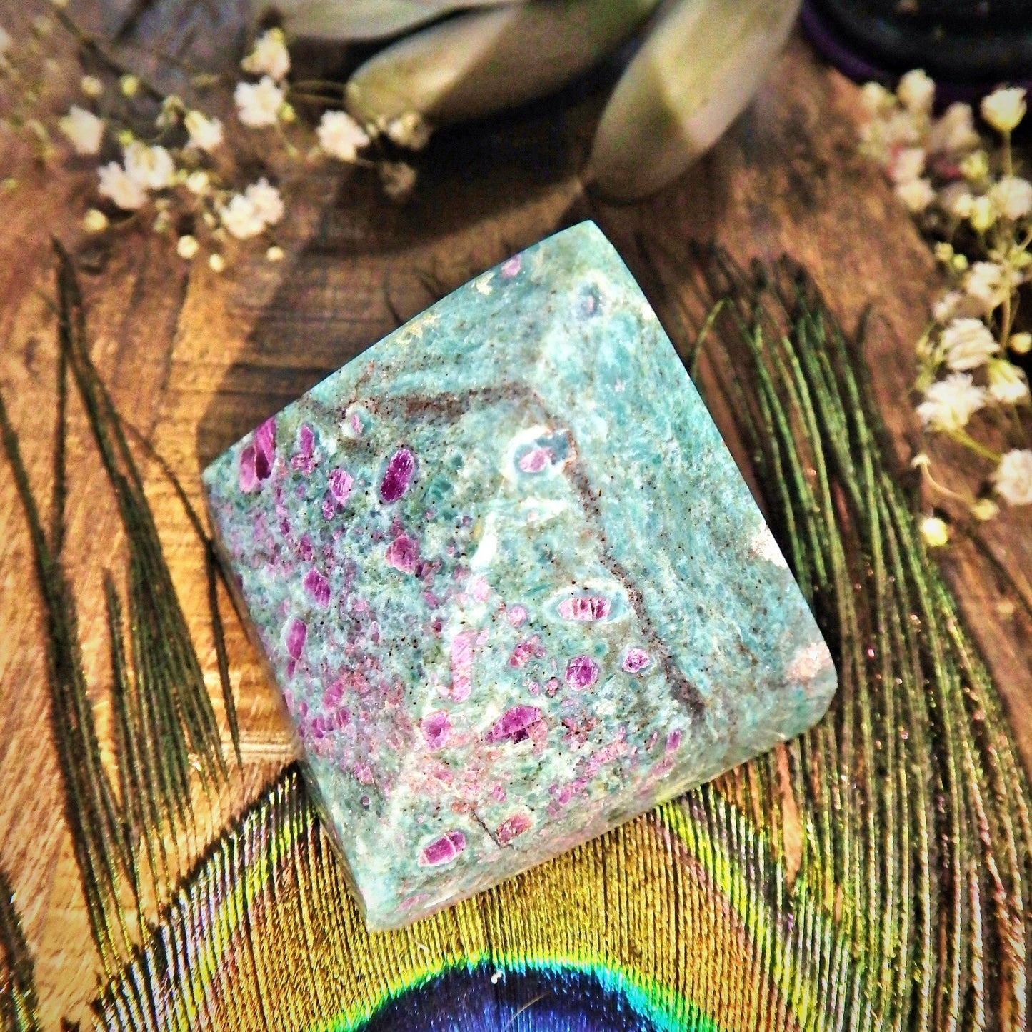  Divine Mint Green Ruby Fuschite Pyramid Display Carving
