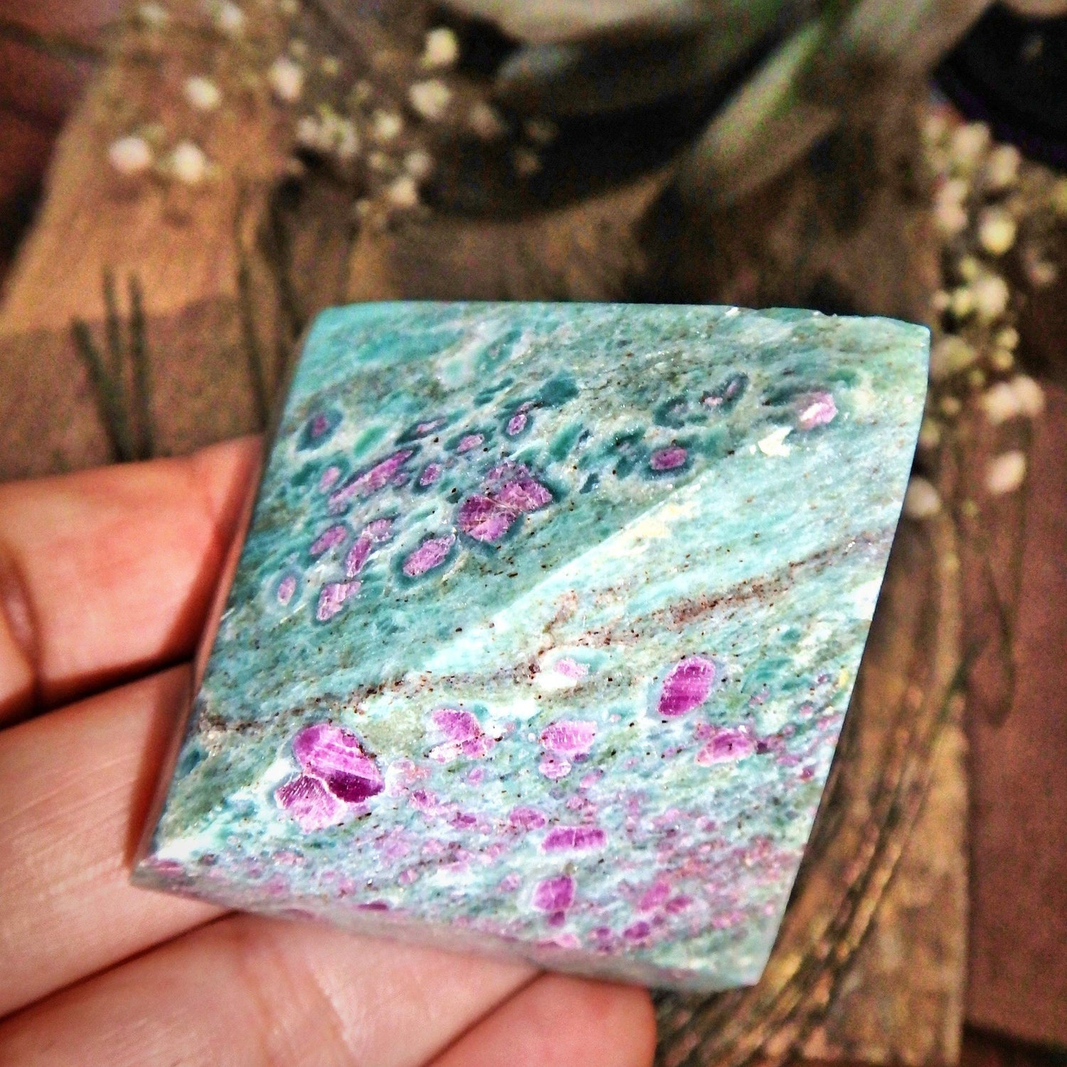  Divine Mint Green Ruby Fuschite Pyramid Display Carving