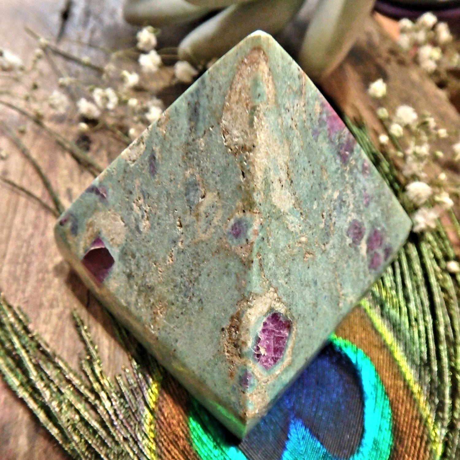 Mint Green & Burgundy Ruby Inclusions Ruby Fuschite Pyramid Display Carving *(REDUCED)* - Earth Family Crystals