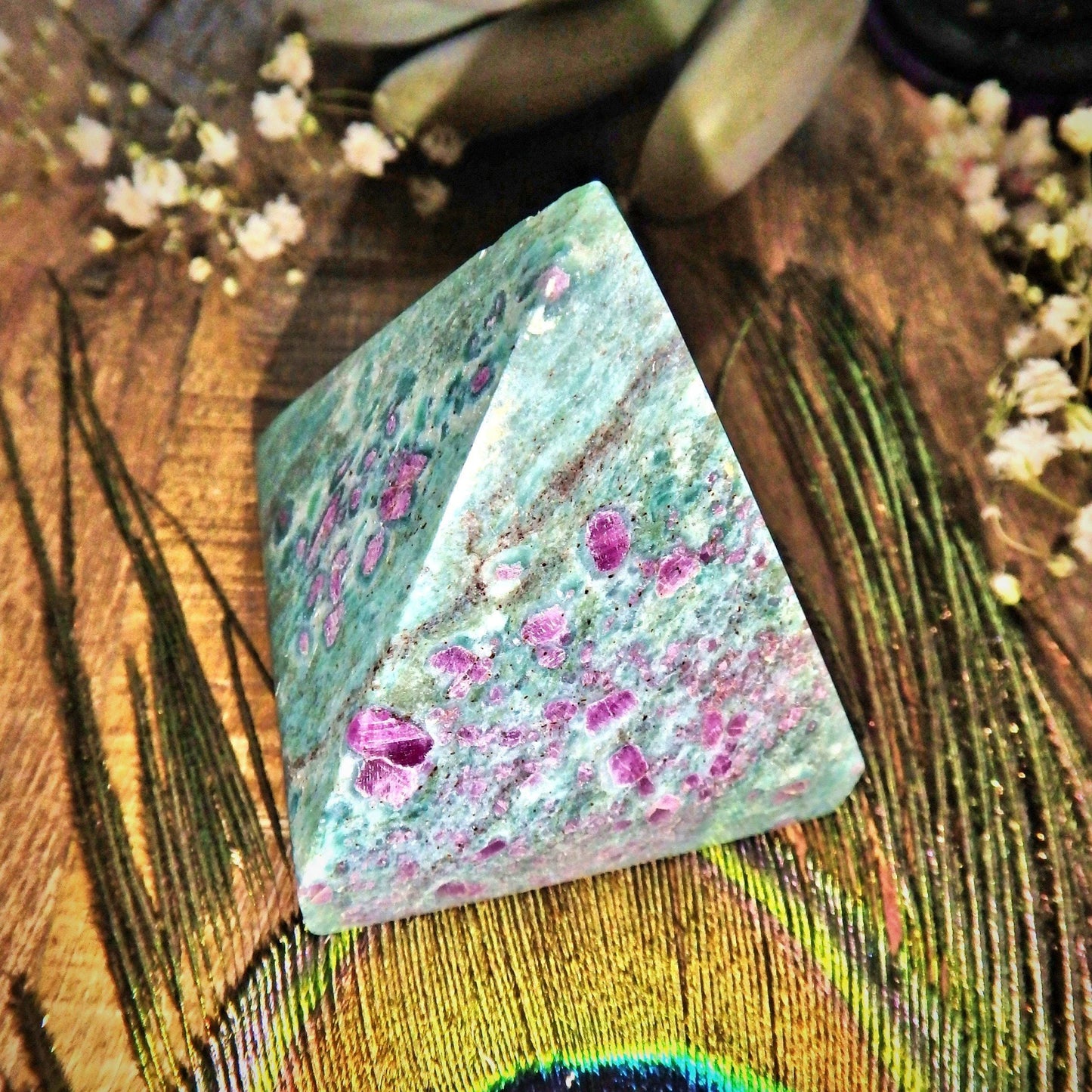  Divine Mint Green Ruby Fuschite Pyramid Display Carving