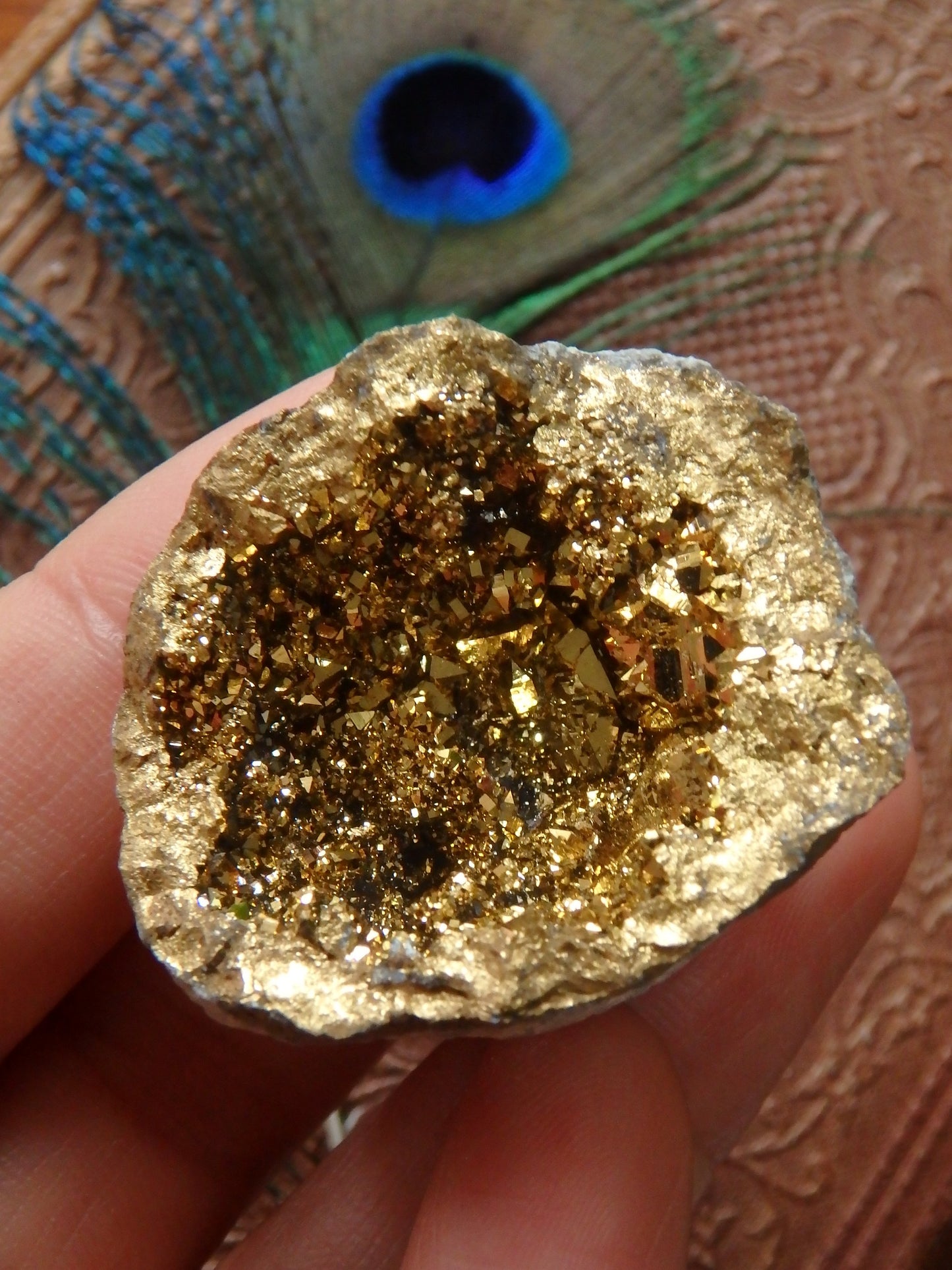 Incredible Sparkle~14k gold bonded Gold Aura Quartz Geode From Brazil 1 - Metiz Tier Price