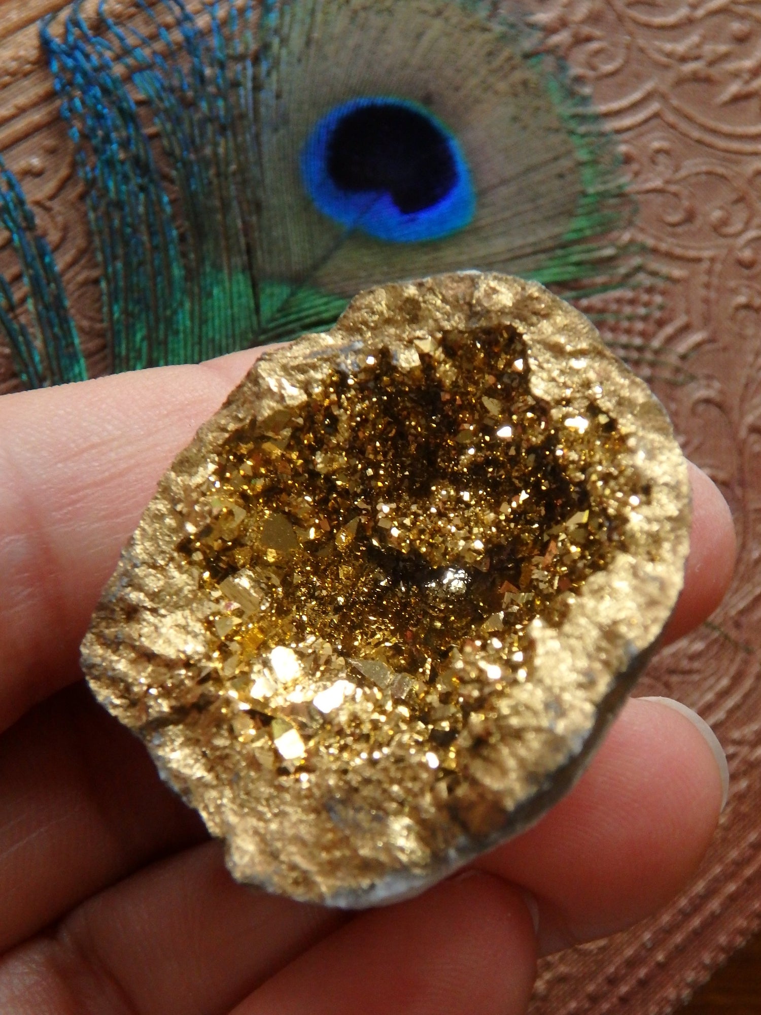 Incredible Sparkle~14k gold bonded Gold Aura Quartz Geode From Brazil 1 - Metiz Tier Price