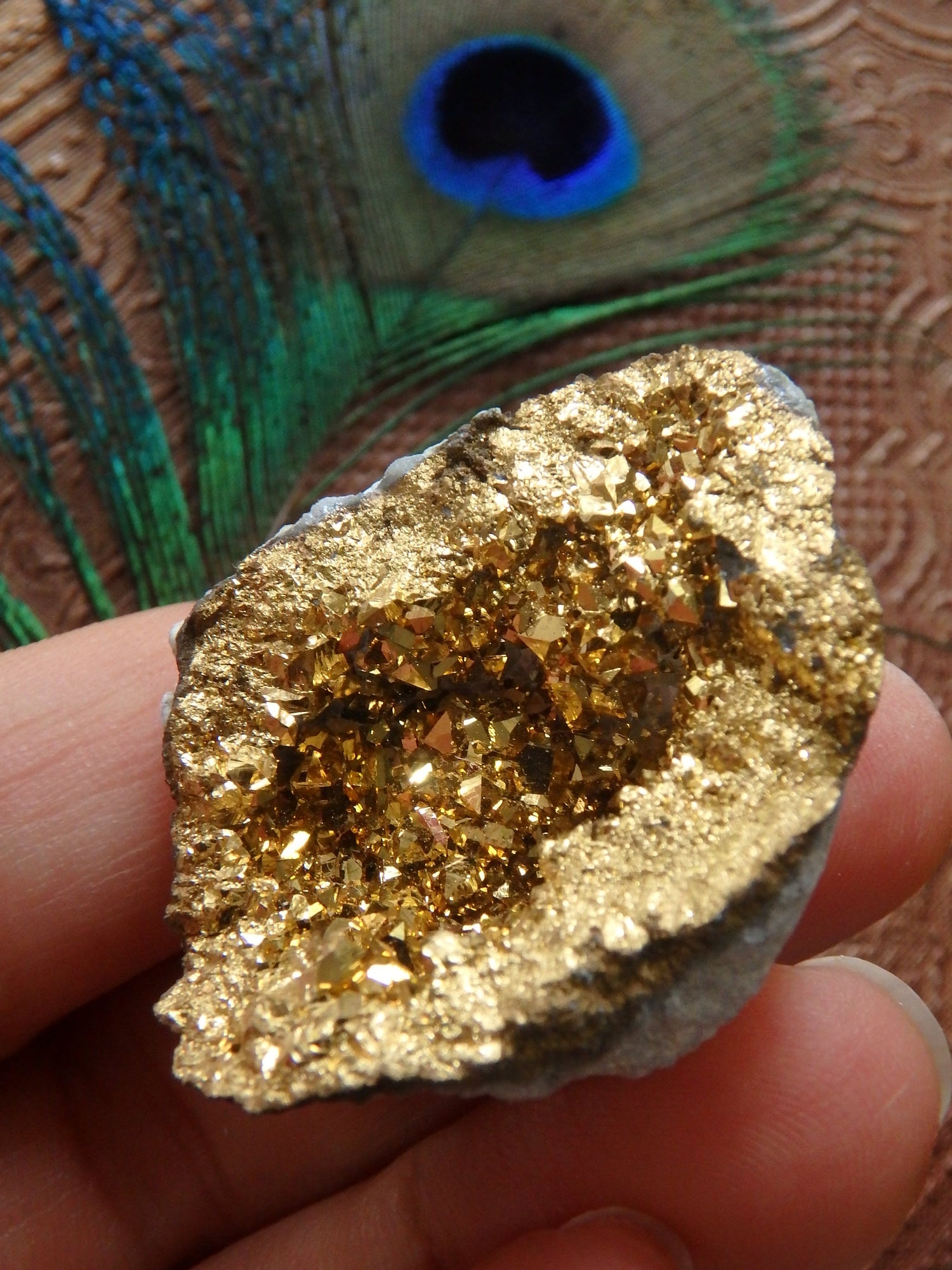 Incredible Sparkle~14k gold bonded Gold Aura Quartz Geode From Brazil 3 - Metiz Tier Price