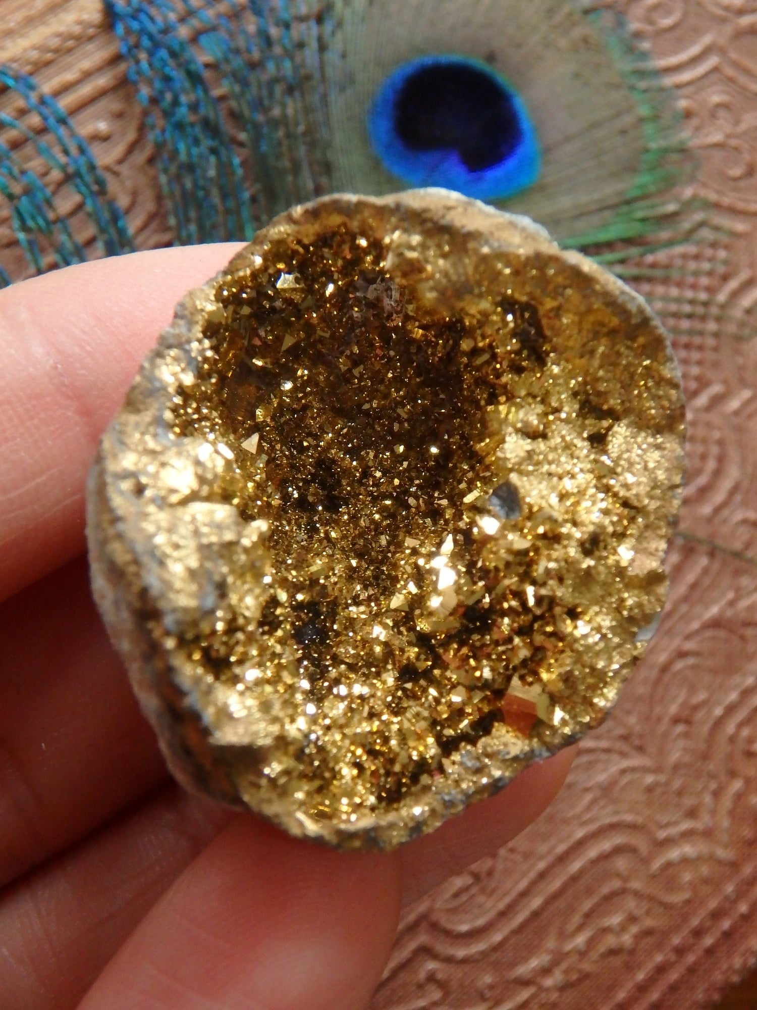 Incredible Sparkle~14k gold bonded Gold Aura Quartz Geode From Brazil 2 - Metiz Tier Price