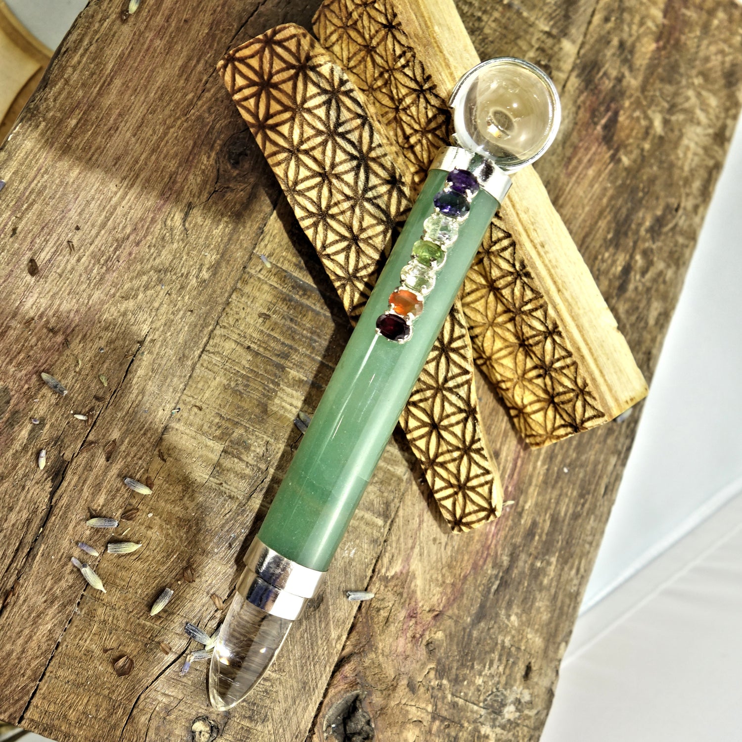 Gorgeous Faceted Chakra Gemstones On Green Aventurine & Clear Quartz Healing Wand - Earth Family Crystals