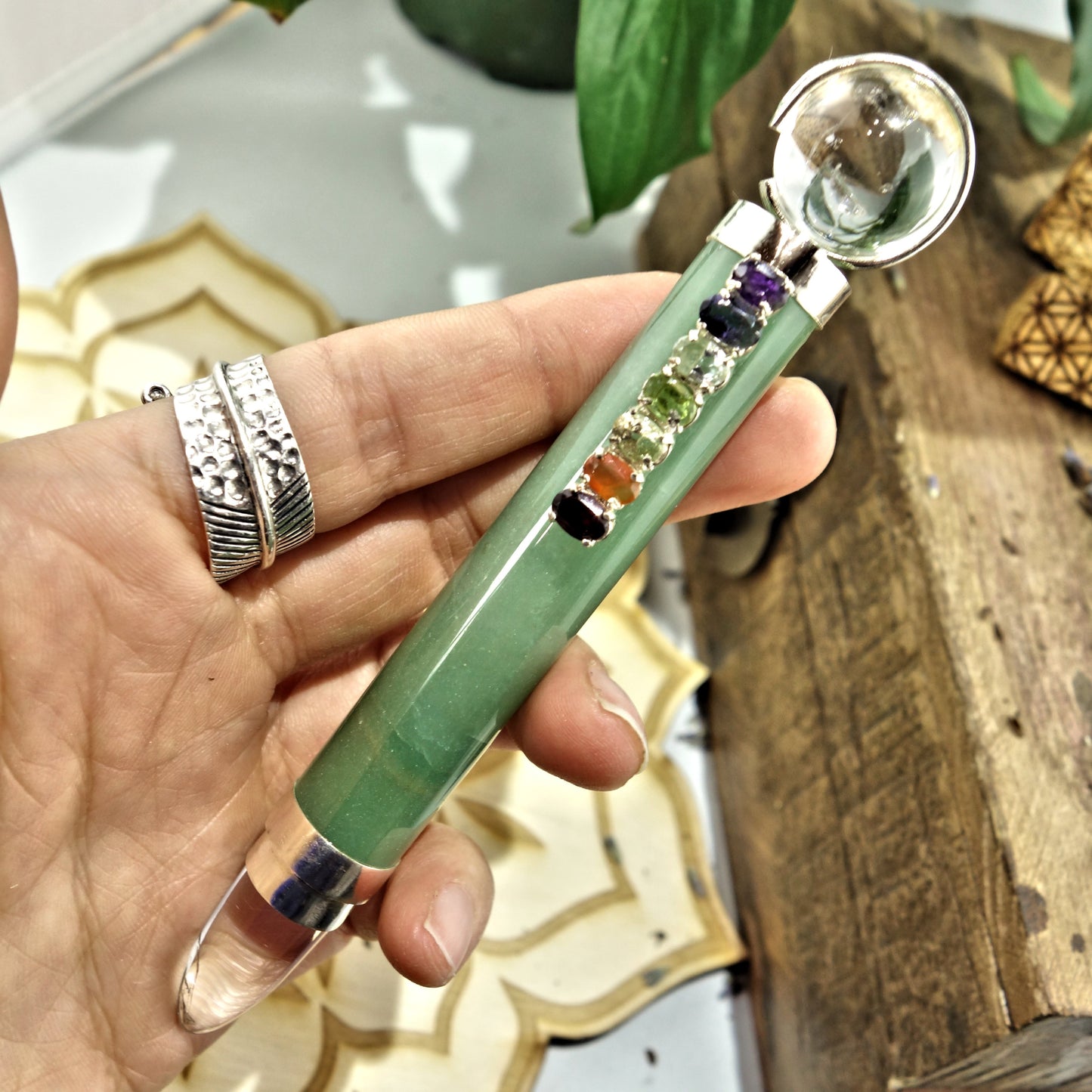 Gorgeous Faceted Chakra Gemstones On Green Aventurine & Clear Quartz Healing Wand - Earth Family Crystals
