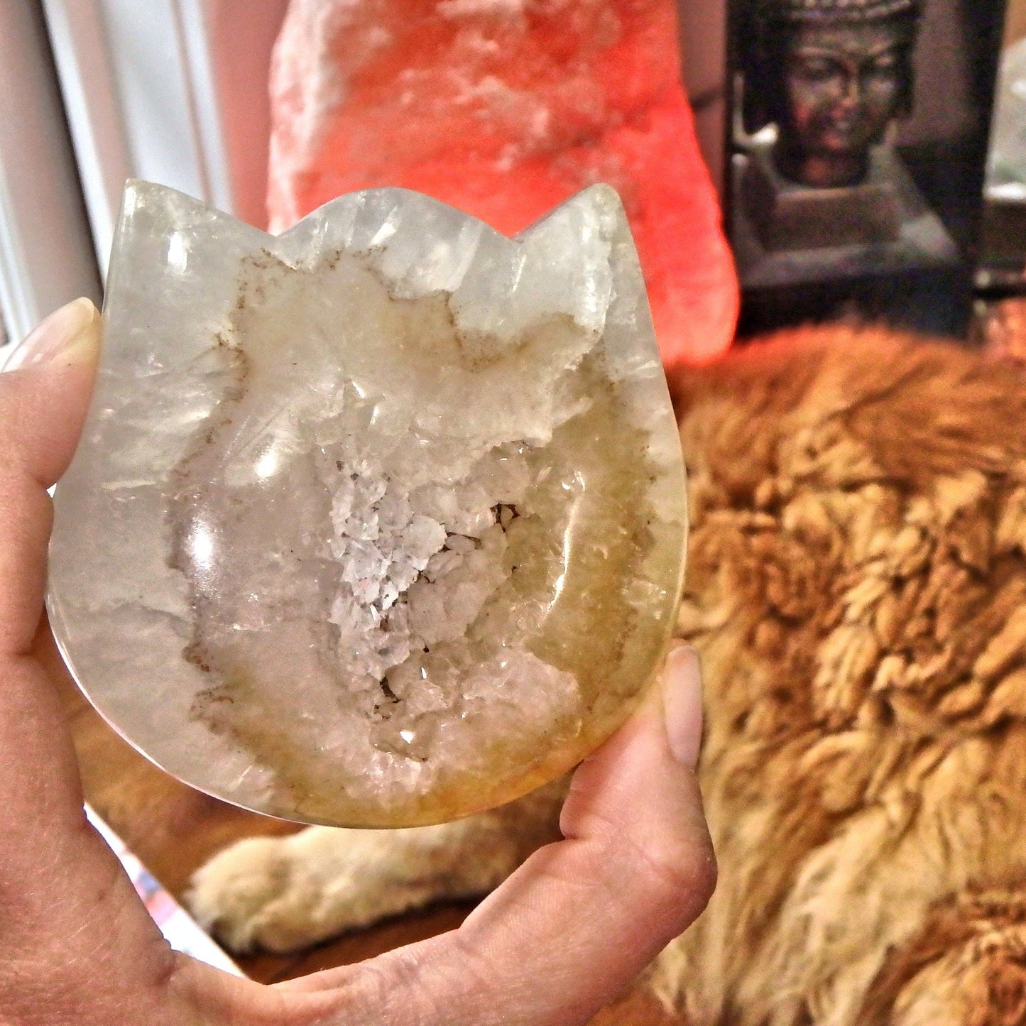  Adorable Druzy Geode Hematoid Quartz  Precious Cat Head Carving