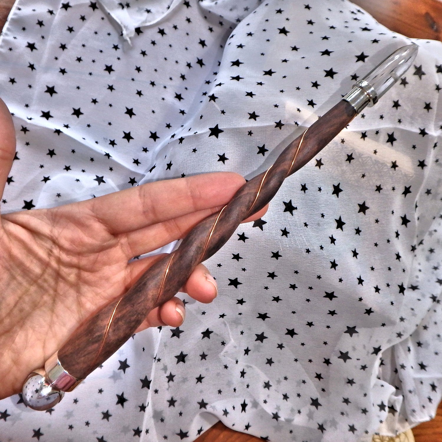 Long Rose Wood & Himalayan Quartz Copper Wire Wrapped Healing Wand - Earth Family Crystals