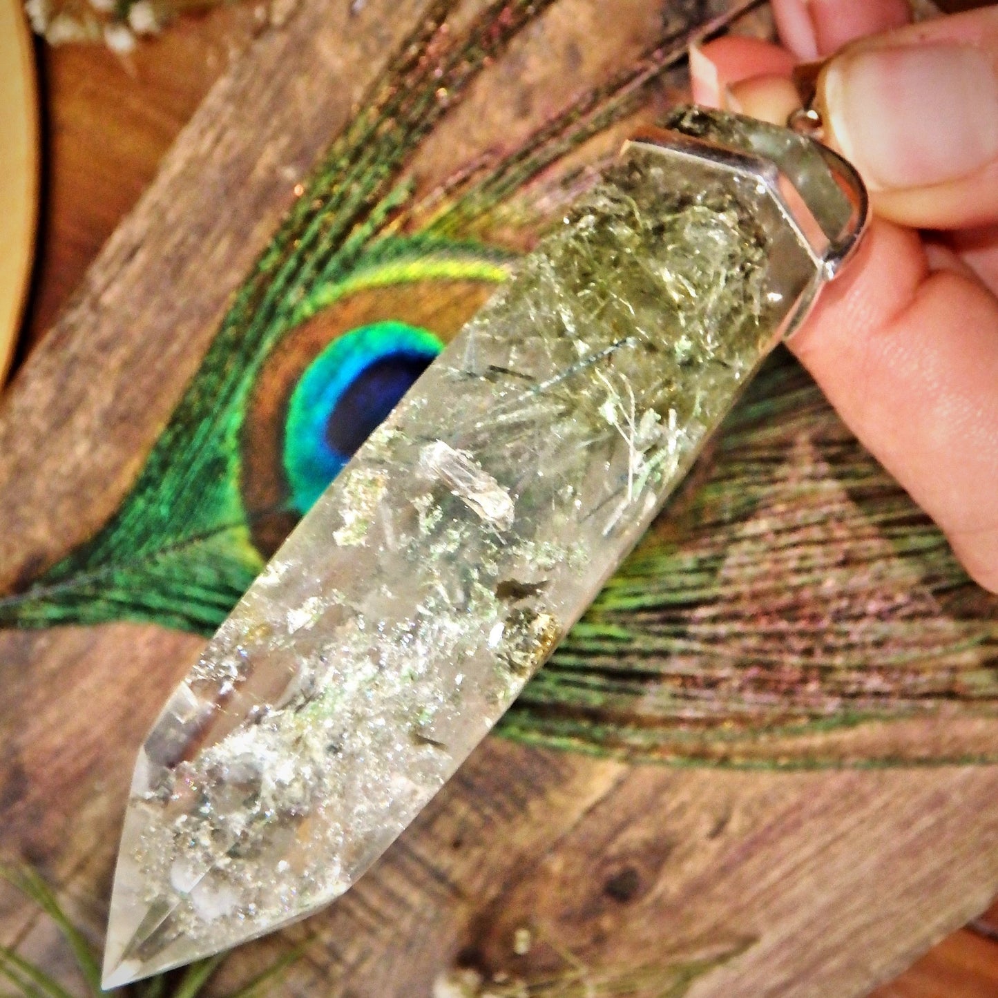 High Vibes Long & Chunky Samadhi Himalayan Quartz Point with Blades of White Rutile Pendant in Sterling Silver (Includes Silver Chain)