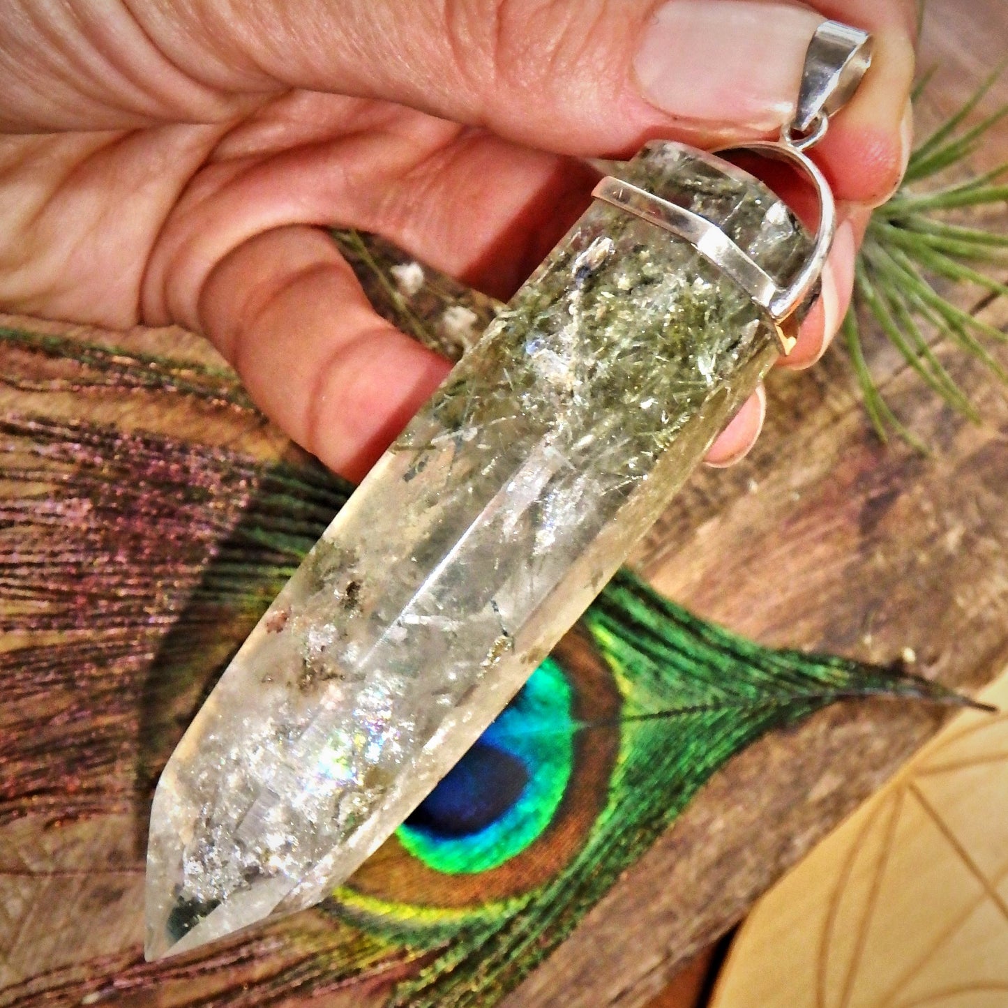 High Vibes Long & Chunky Samadhi Himalayan Quartz Point with Blades of White Rutile Pendant in Sterling Silver (Includes Silver Chain)
