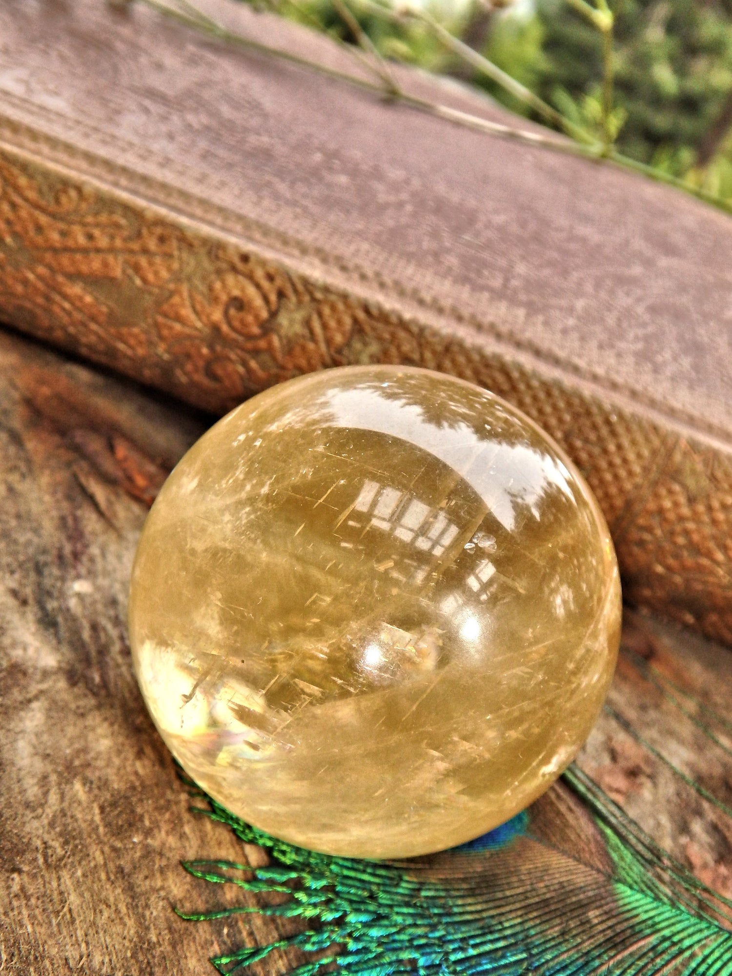 Optical Golden Orb Honey Calcite Sphere Carving 2 - Metiz Tier Price