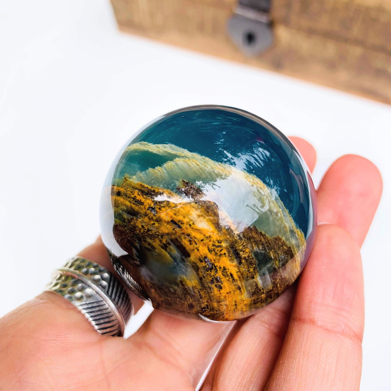  Amazing Patterns Lemurian Aquatine Blue Calcite Sphere from Argentina #4