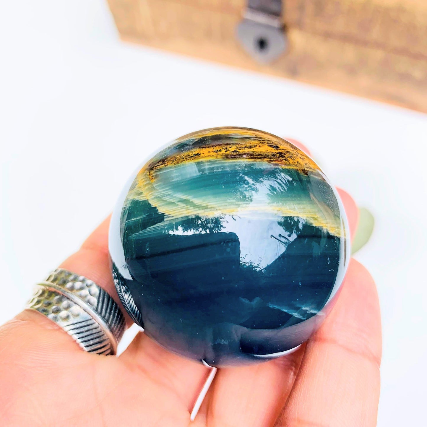  Amazing Patterns Lemurian Aquatine Blue Calcite Sphere from Argentina #4