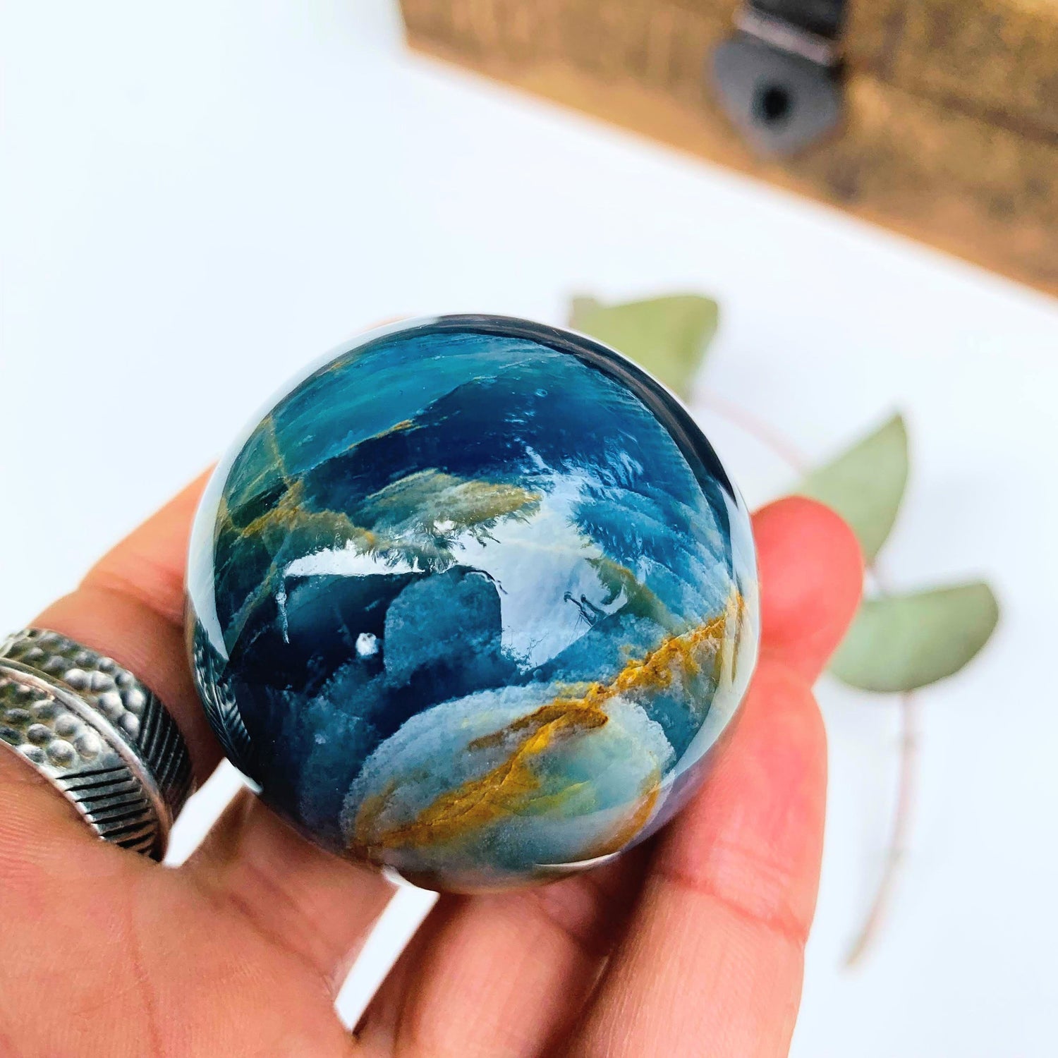  Amazing Patterns Lemurian Aquatine Blue Calcite Sphere from Argentina #3