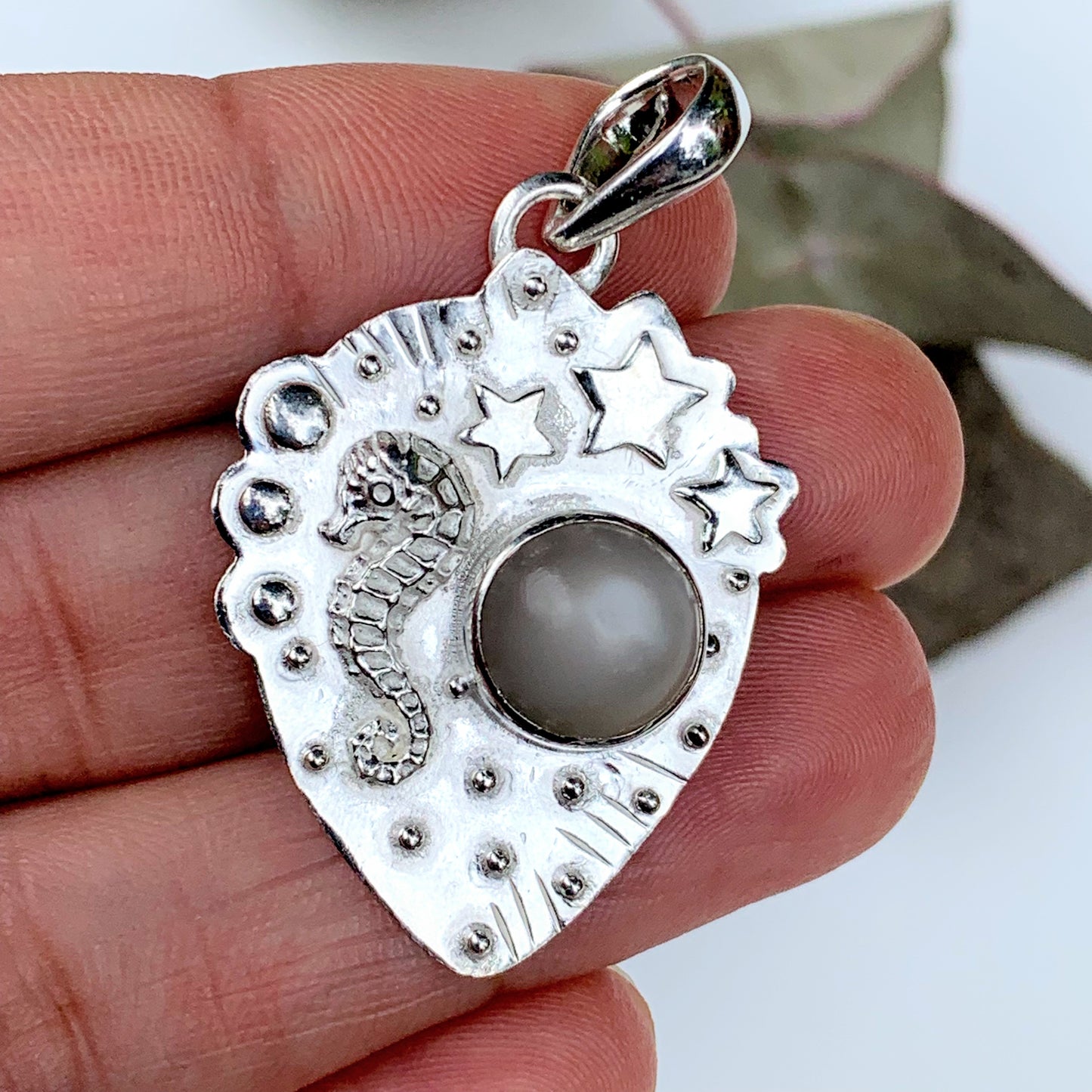  Adorable Seahorse & Stars Pearl Moonstone Gemstone Pendant in Sterling Silver (Includes Silver Chain)